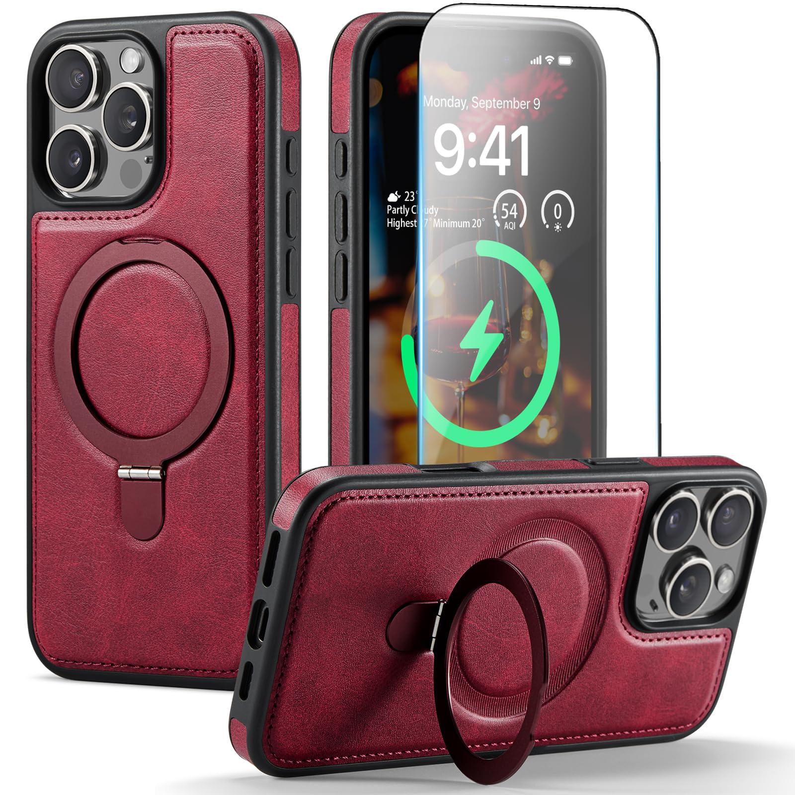 CHEEWADA for iPhone 16 Pro Case with Stand Compatible with Magsafe Slim PU Leather & Durable TPU Drop Proof Magnetic Kickstand P