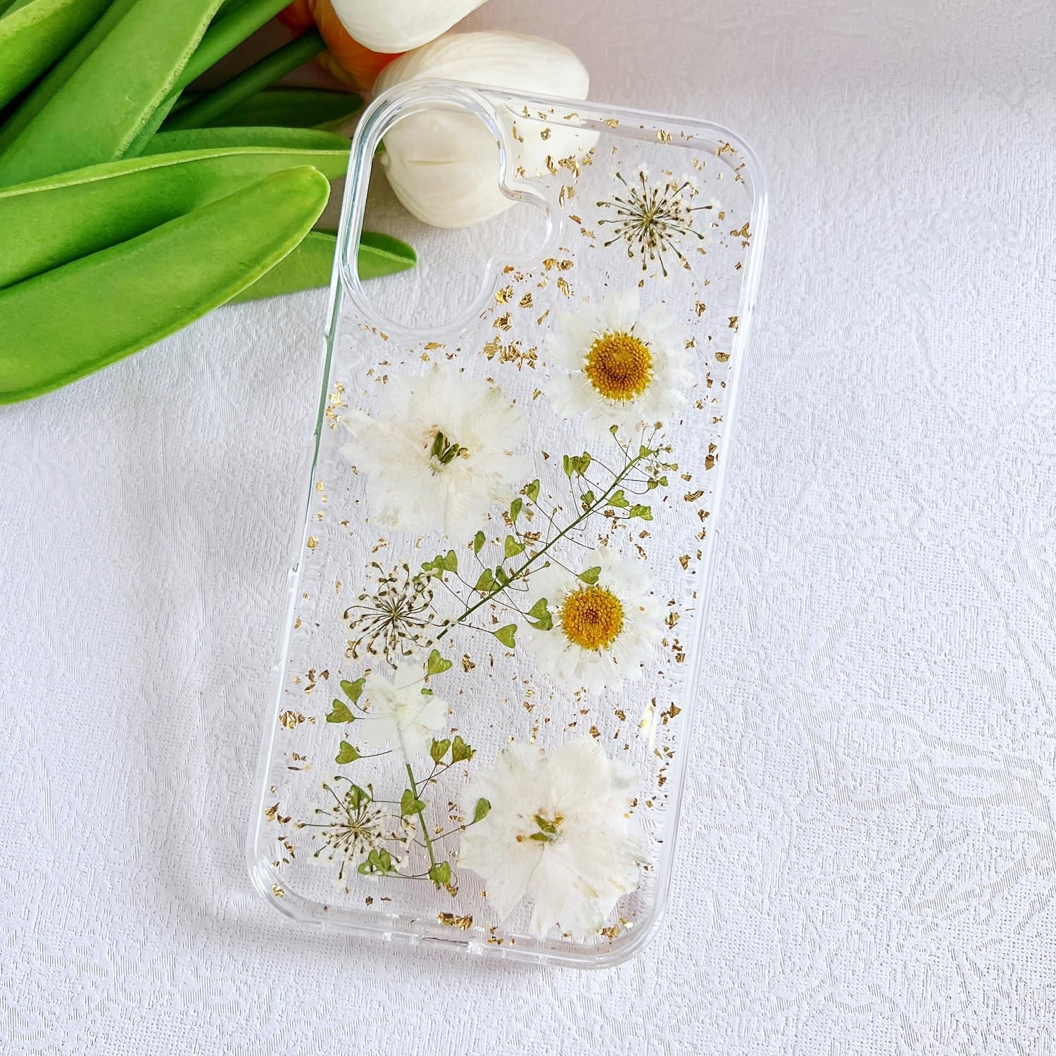 Lseeka For Iphone 16 Plus Clear Case With Pressed Real Flowers Design,Glitter Cute White Floral Pattern Slim Soft Tpu Protective