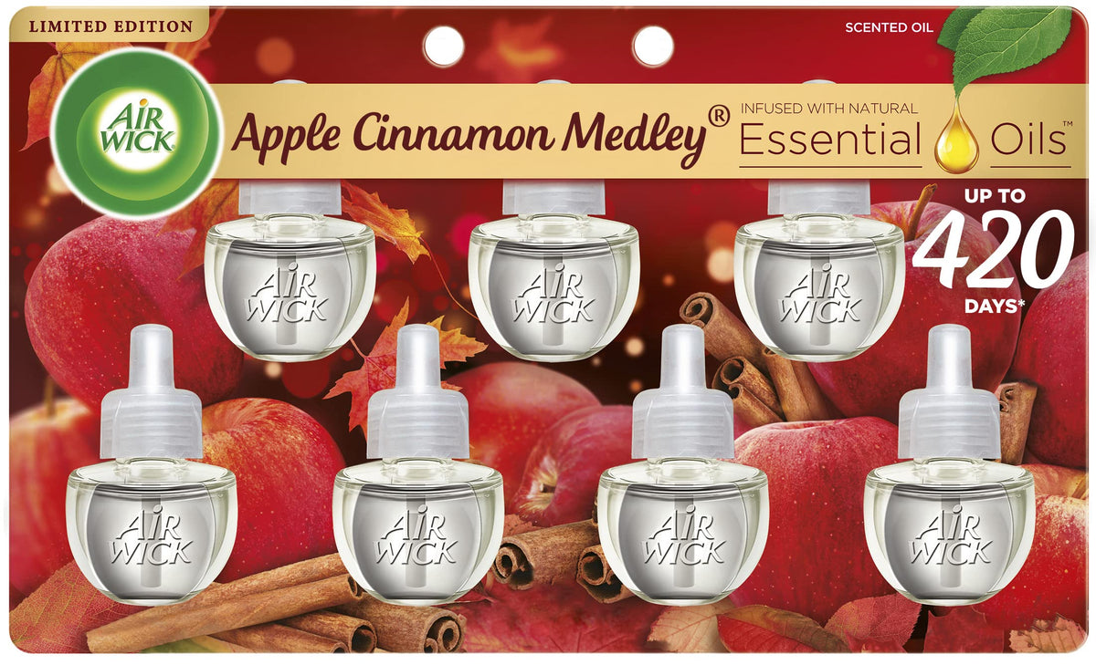 Air Wick Plug In Scented Oil Refill, 7Ct, Apple Cinnamon Medley, Fall Scent, Essential Oils, Air Freshener