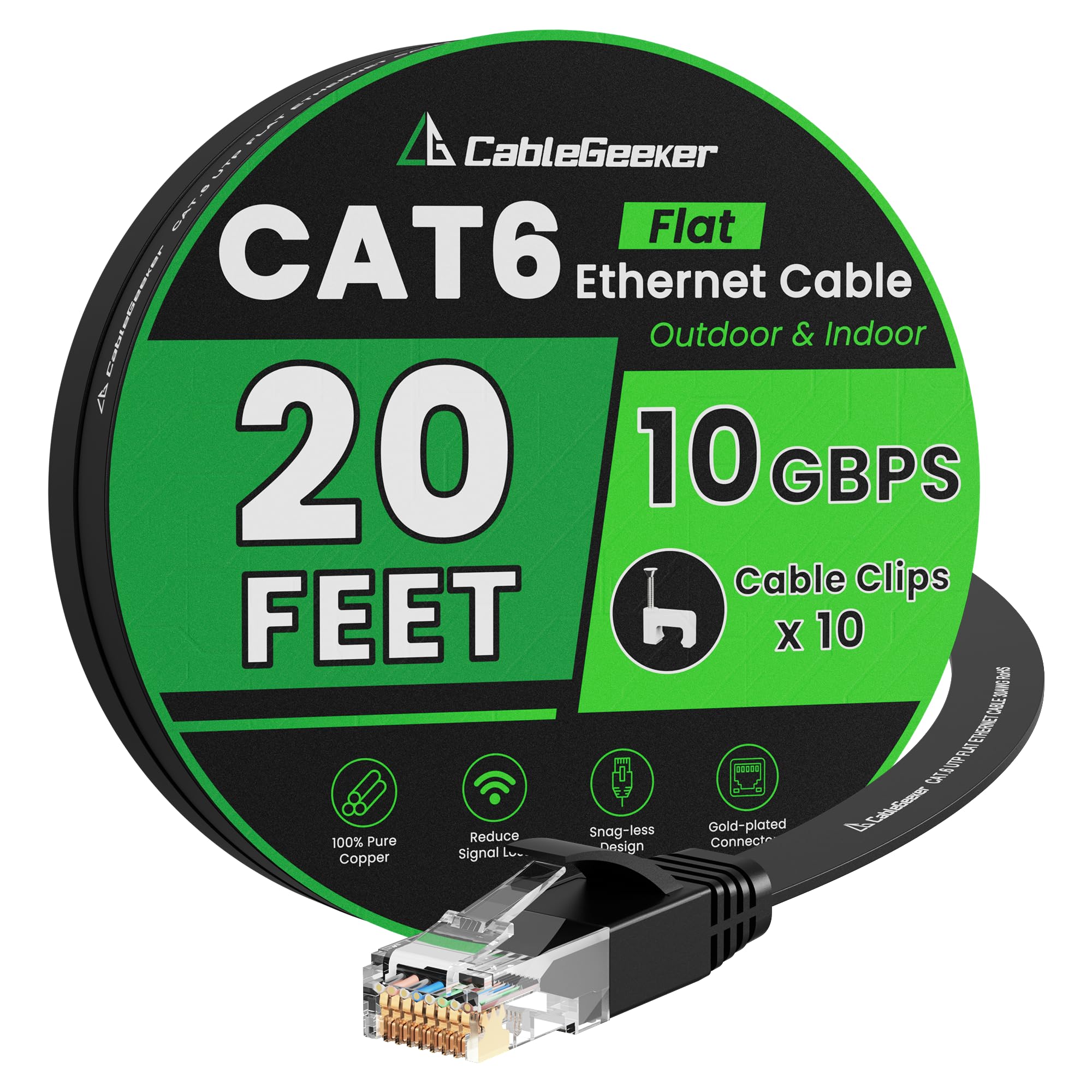 Cat 6 Ethernet Cable 20 ft, Indoor&Outdoor, High Speed 10Gbps Flat Internet Network Cable, Pure Copper Ethernet Patch Cable Long