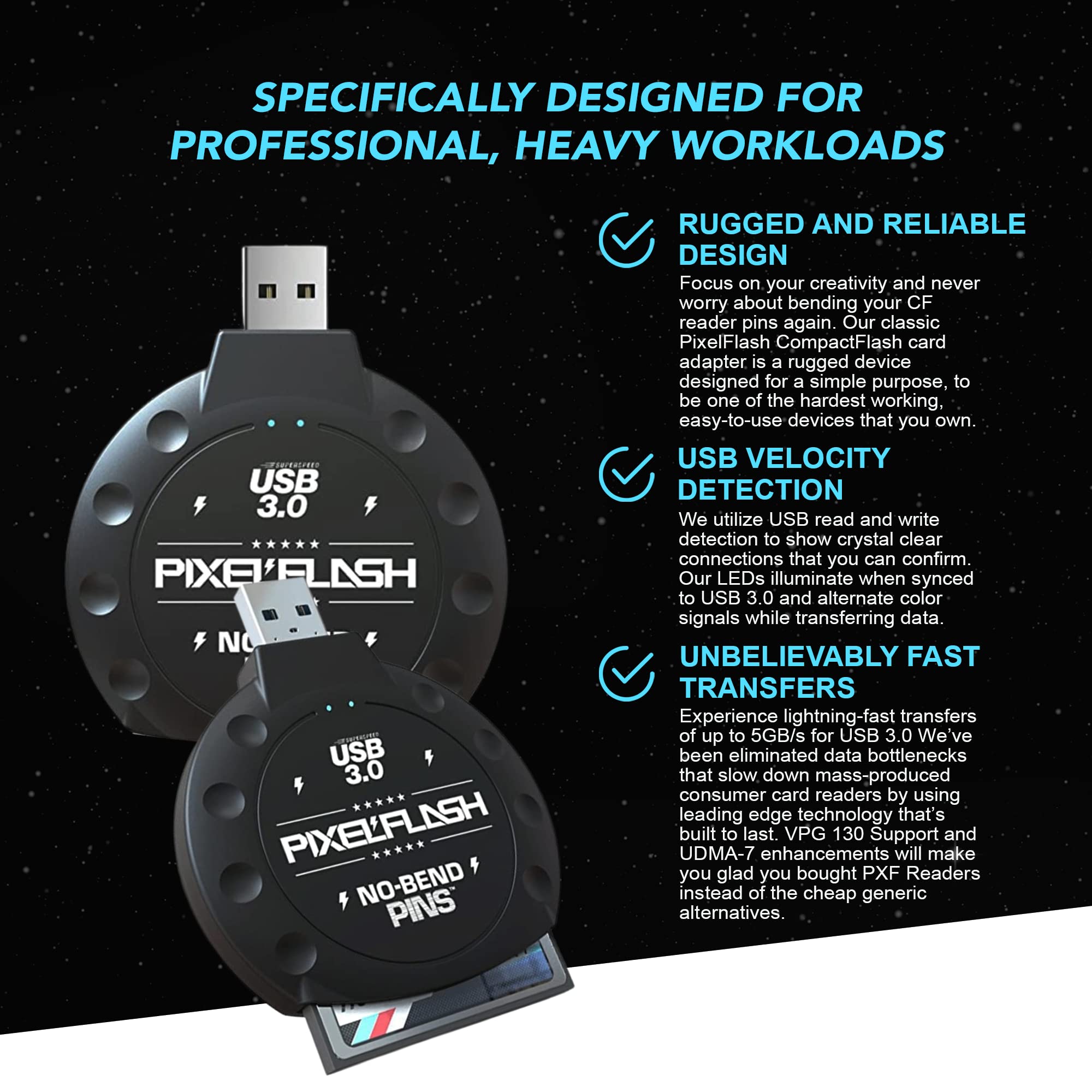 Pixelflash Cf Card Reader   Compact Flash Card Reader, Usb 3 Card Reader For Computer   Tactical Superspeed Compactflash Memory Adapter, Rugged Anti Scratch Exterior Classic   No Bend Pins, Black