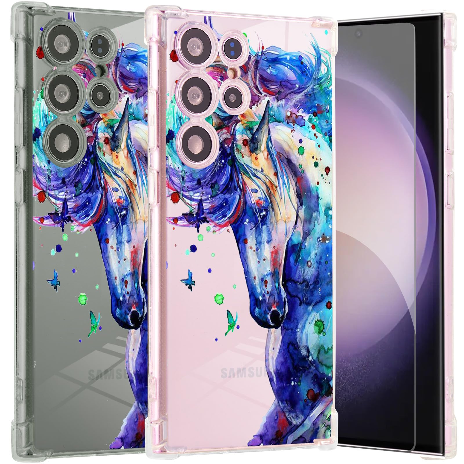 Roemary Horse Case For Galaxy S23 Ultra,For Samsung Galaxy S23 Ultra With Horse Design,Purple Pattern With Screen Protector Soft