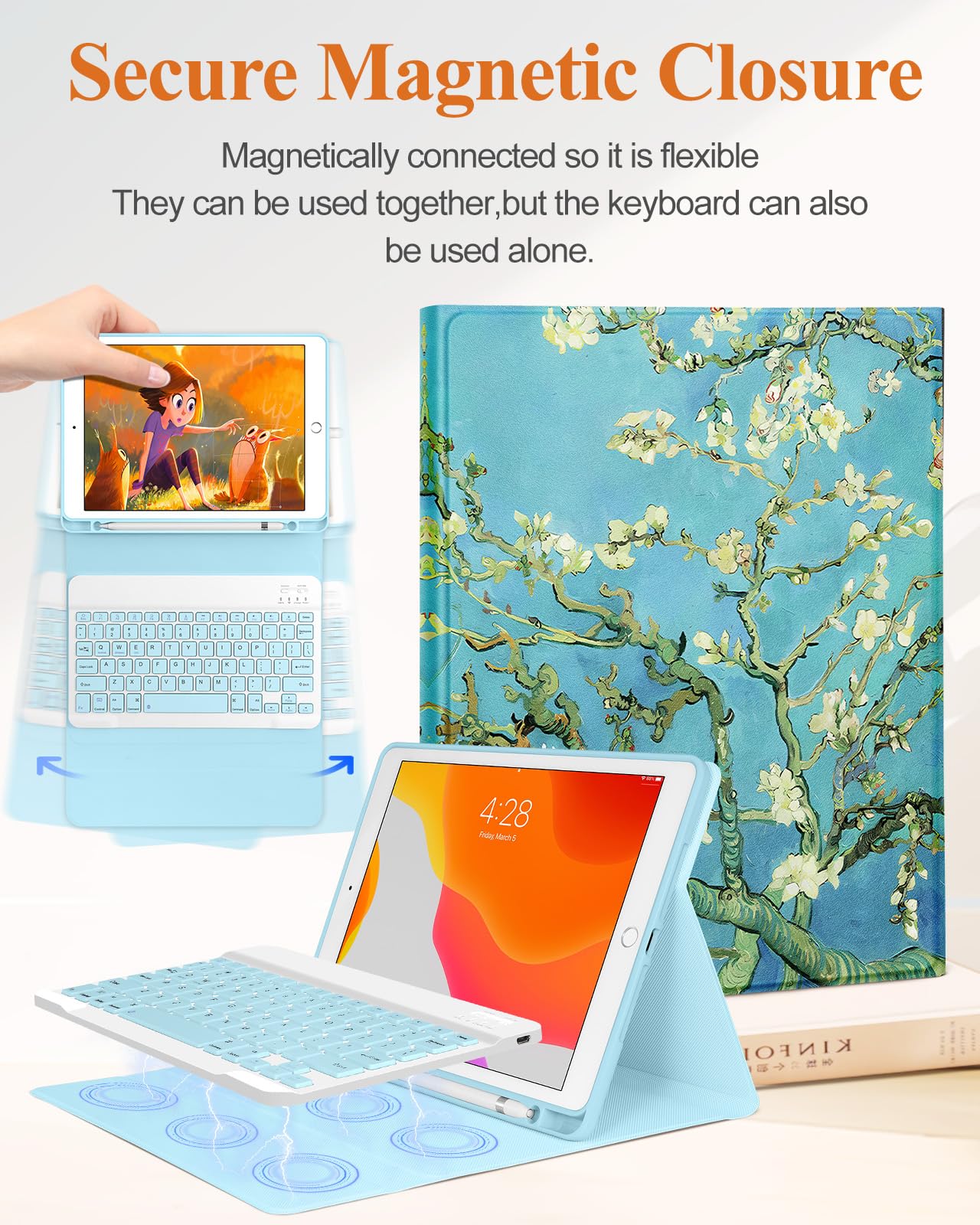 Wazzasoft For Ipad 9Th/8Th/7Th/Air 3Rd Generation/Pro 10.5 Inch Case Keyboard Pencil Holder Folio Tablet Cover Women Girls Cute