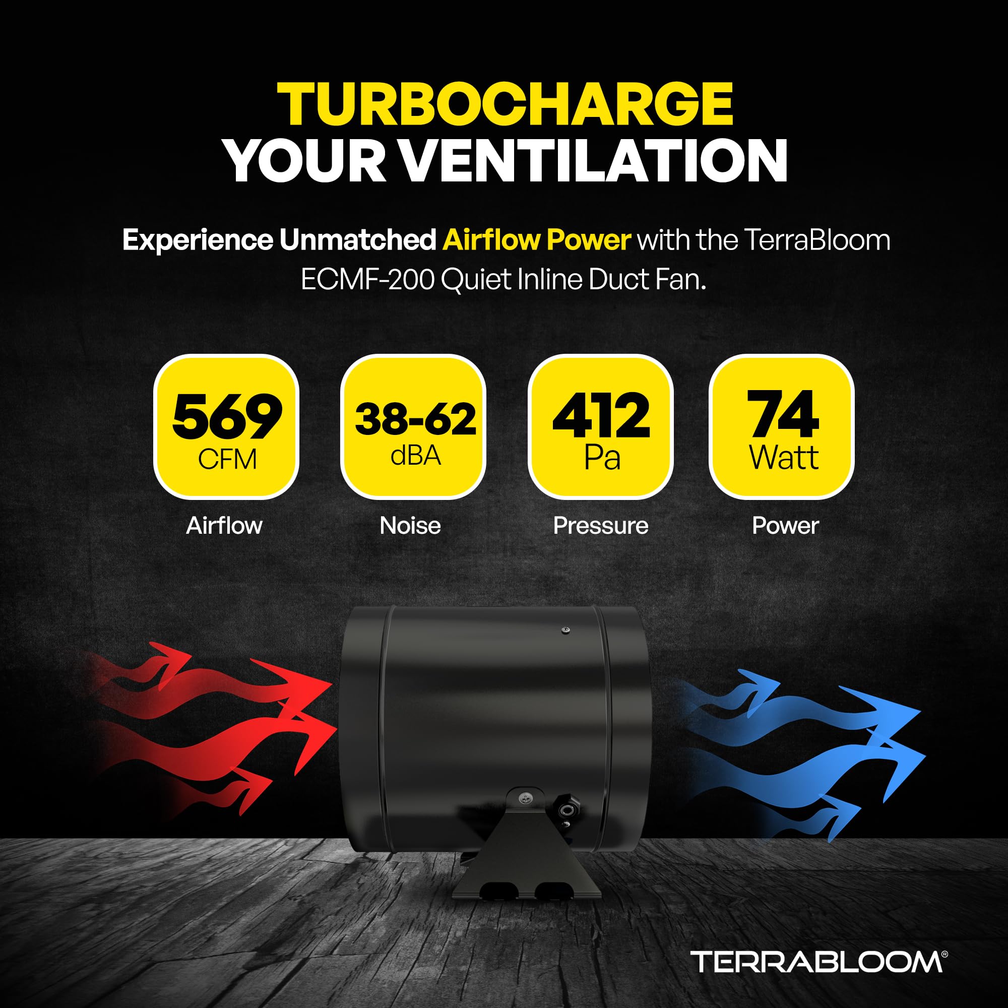 Terrabloom Ecmf 200, Quiet 8'' Inline Duct Fan With 0 100% Variable Speed Controller, Air Tight Metal Casing, Energy Efficient E