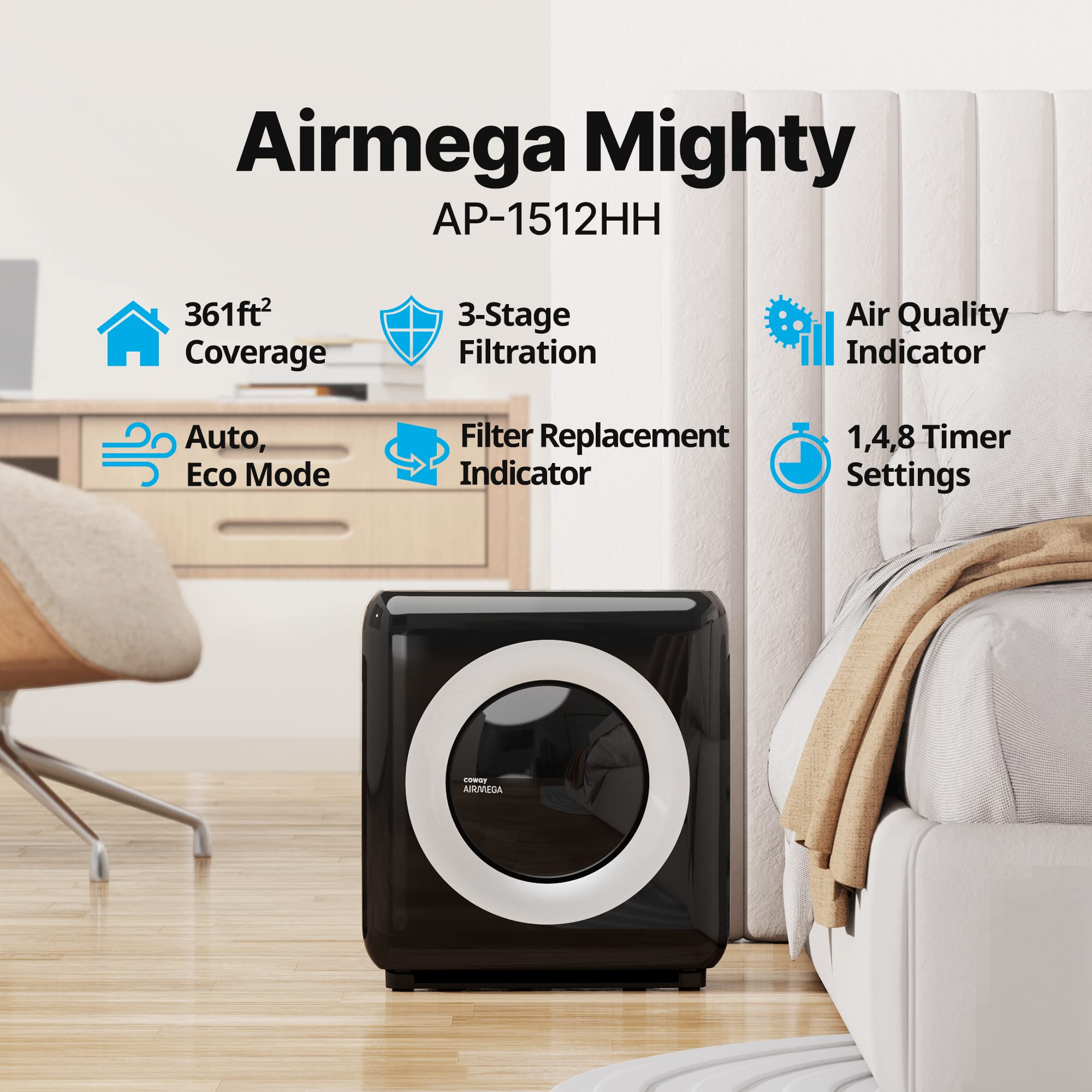 Coway Airmega Ap 1512Hh True Hepa Air Purifier With Air Quality Monitoring, Auto Mode, Timer, Filter Indicator, Eco Mode