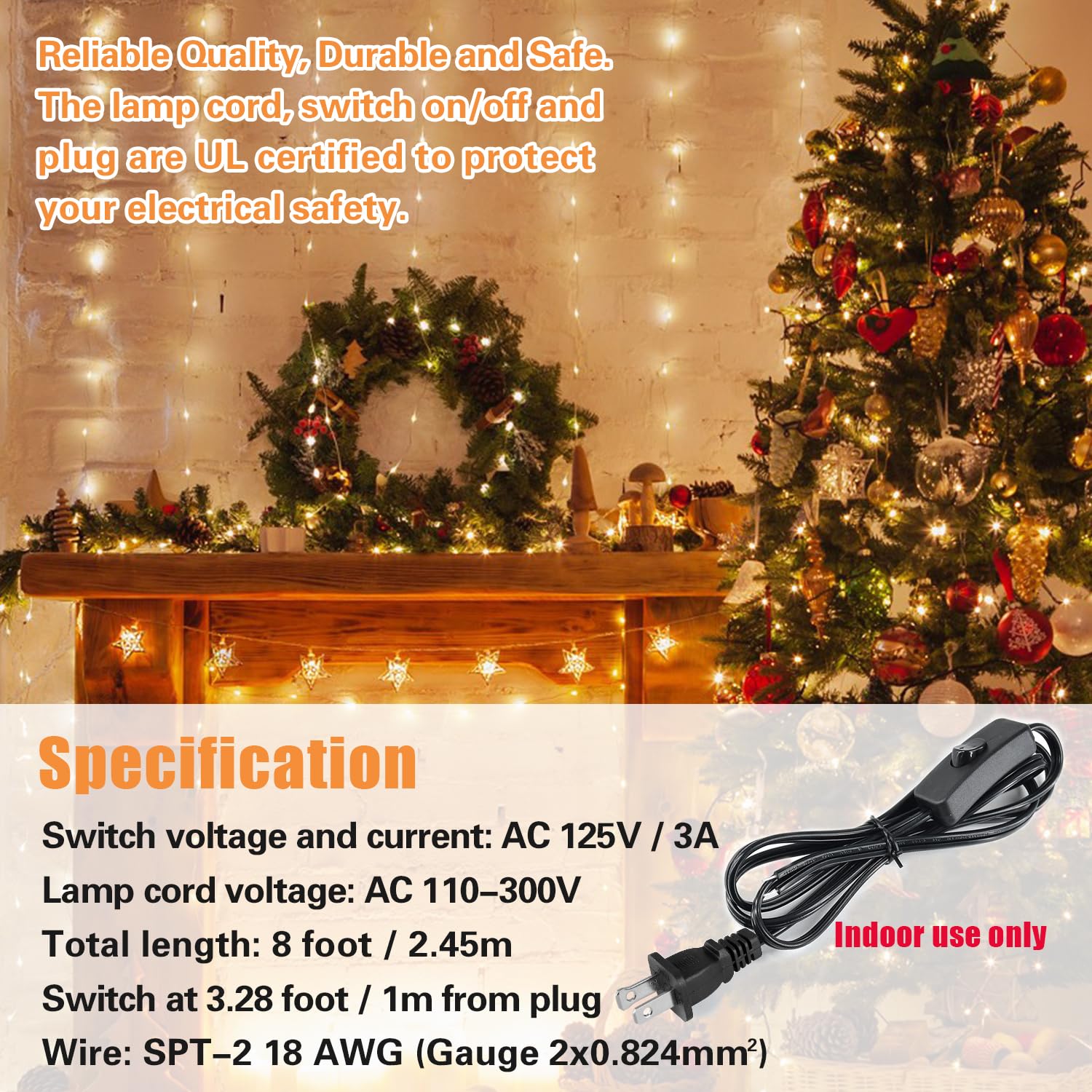 Asjeumt 8Ft Lamp Cord With Switch, Black Lamp Cord Set With Plug, Spt 2 Wire On Off Button Switches 2 Polarized Plug 18Awg Power