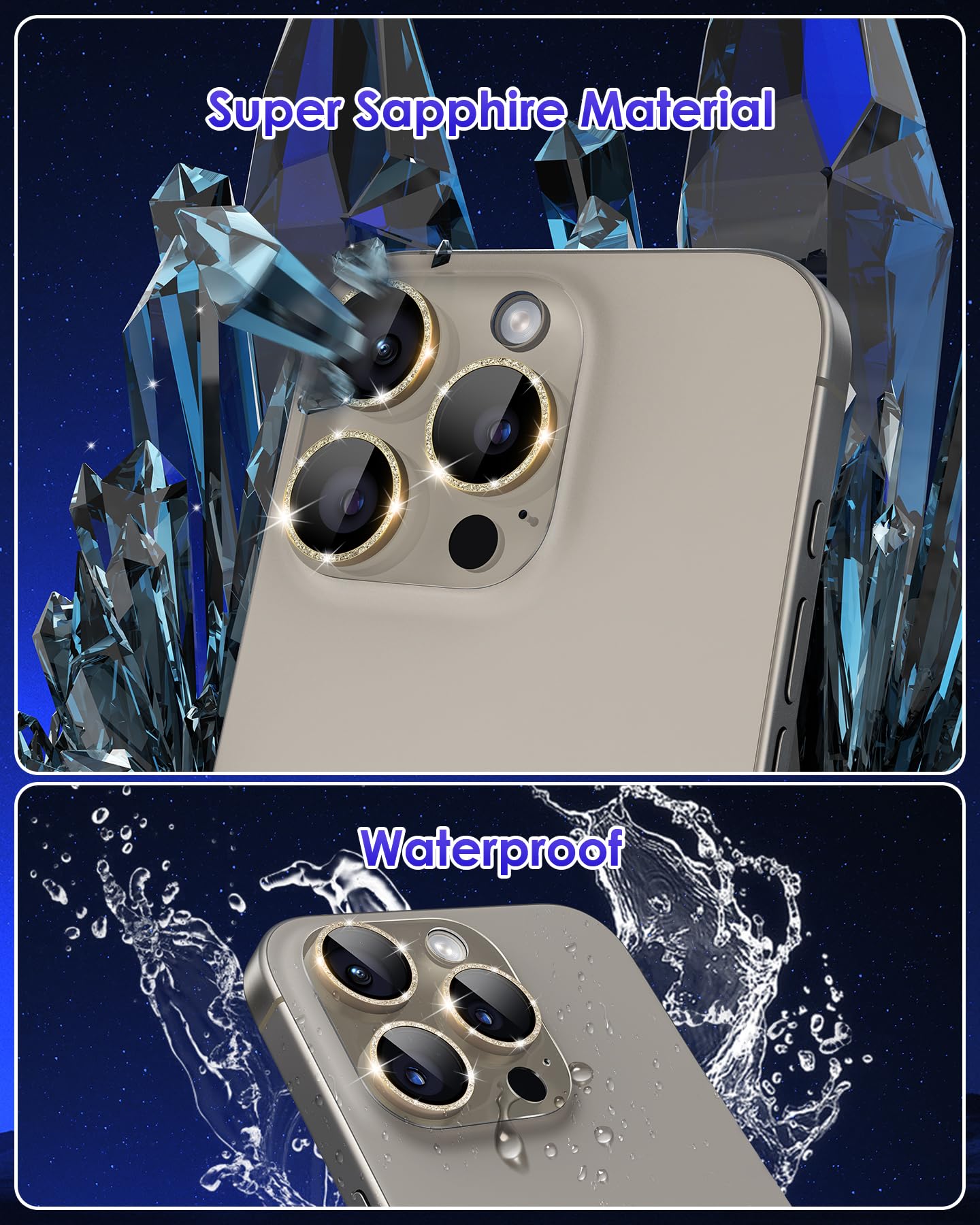 Kanosan For Iphone 15 Pro/Iphone 15 Pro Max Glitter Camera Lens Protector, Clear Acrylic Plus Aluminium Alloy Ring 9H Tempered G