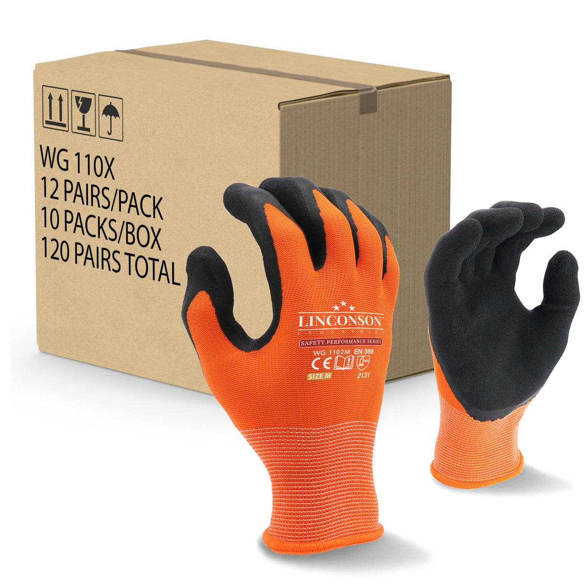 Linconson 12 Pack Safety Performance Series Construction Mechanics Work Gloves (Xl (120 Pairs), Orange)