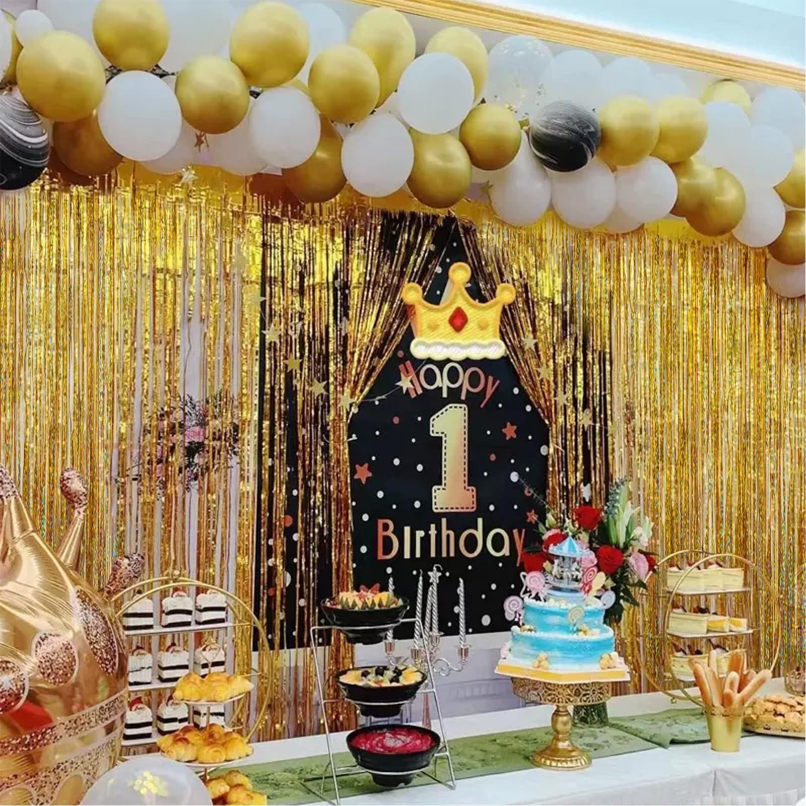 Canrevel 2 Pack 3.3X8.2 Feet Laser Gold Foil Fringe Backdrop Curtains, Tinsel Streamers Birthday Party Decorations, Fringe Backd