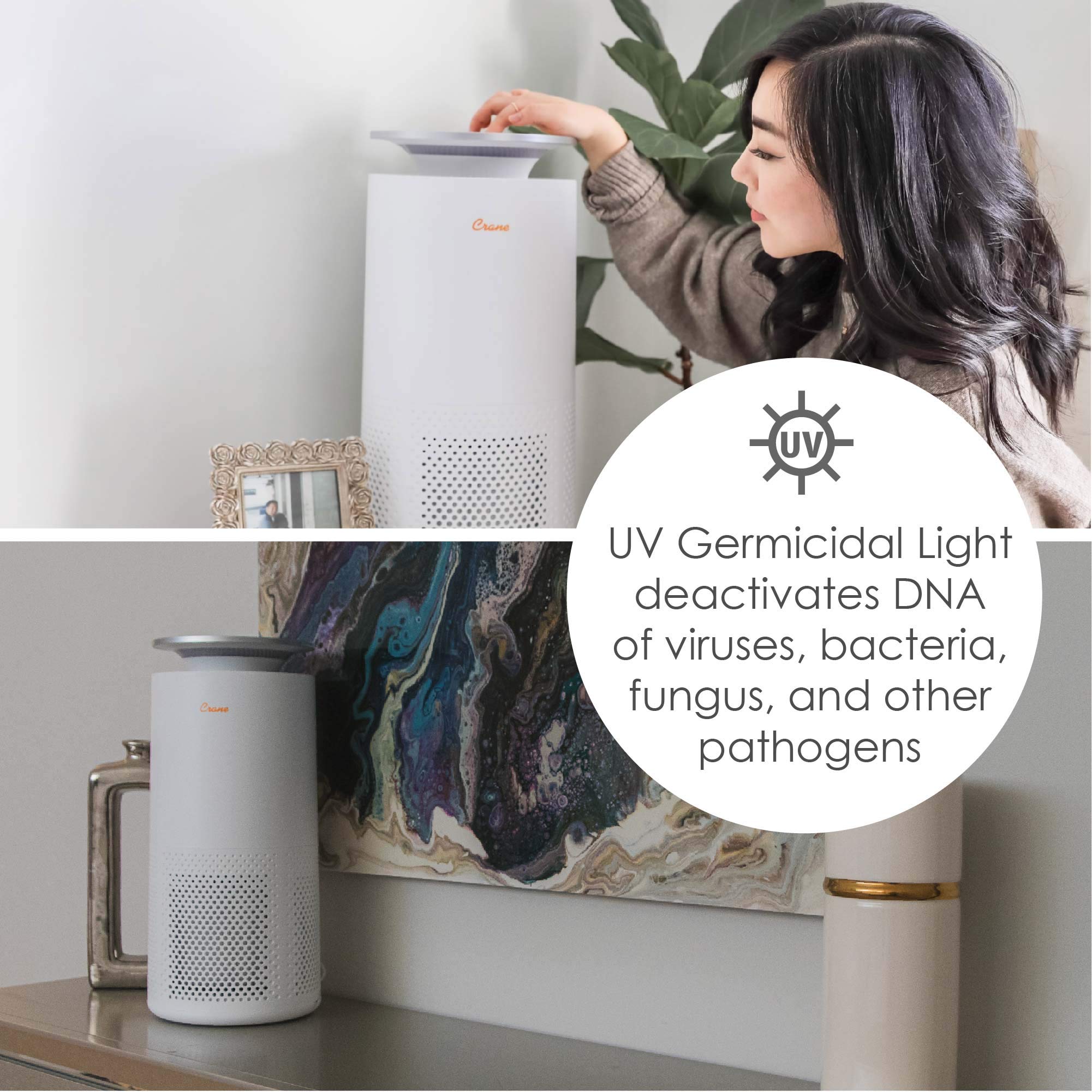 Crane Air Purifier With True Hepa Filter, 500 Sq Feet Coverage, Timer Function, Sleep Mode, Built In Air Quality Monitor, Ee 506