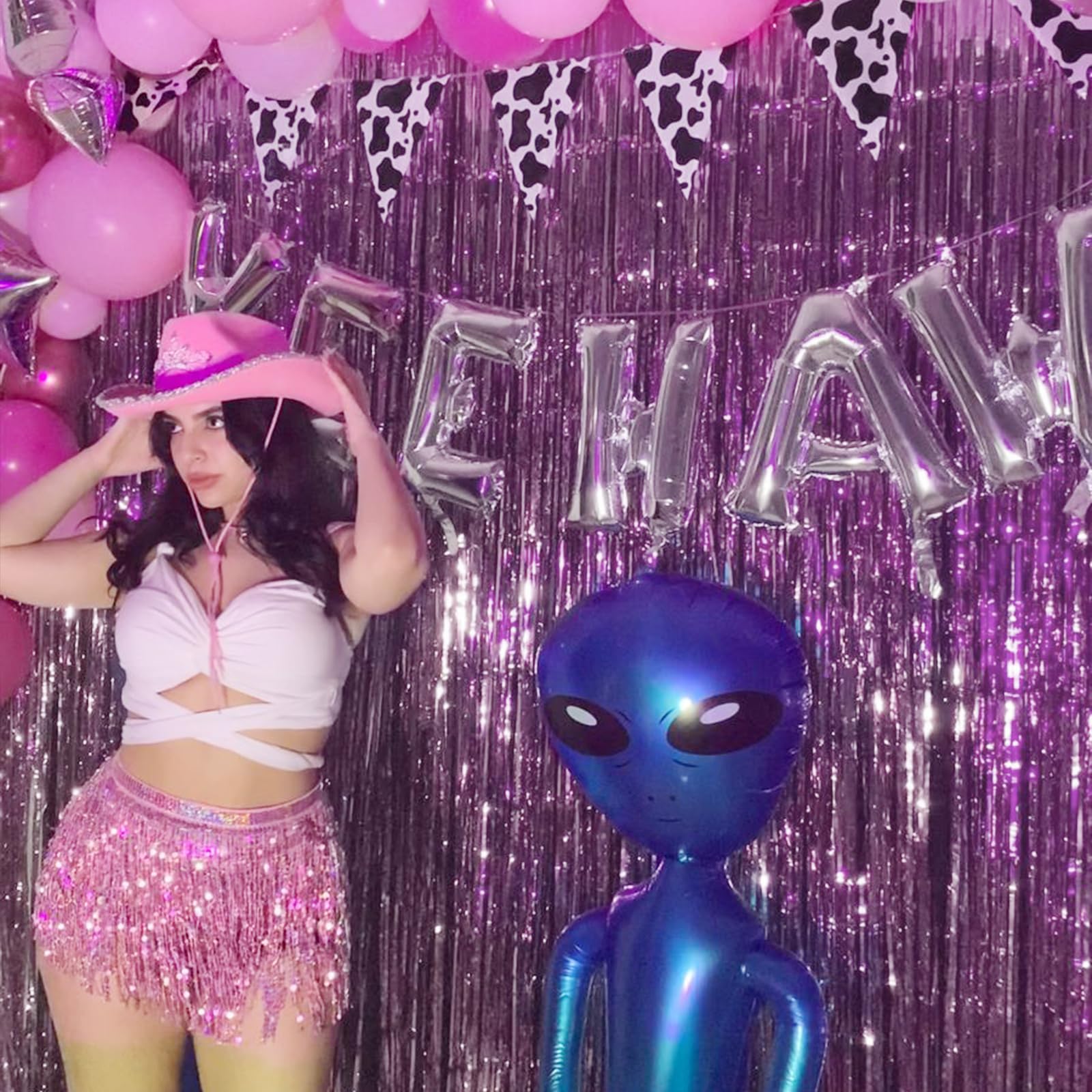 Canrevel 2 Pack 3.3X8.2 Feet Pink Foil Fringe Backdrop Curtains, Tinsel Streamers Birthday Party Decorations, Fringe Backdrop Fo