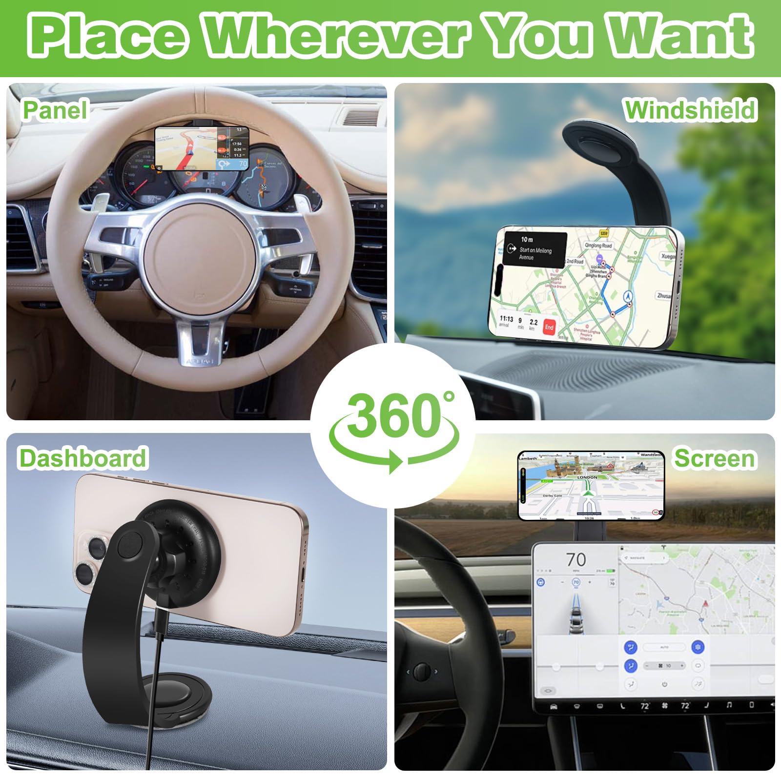 Upgraded Magnetic Wireless Car Charger, 15W Fast Charging For Magsafe Car Mount Charger With 360 Adjustable Arm, Relocatable Cel