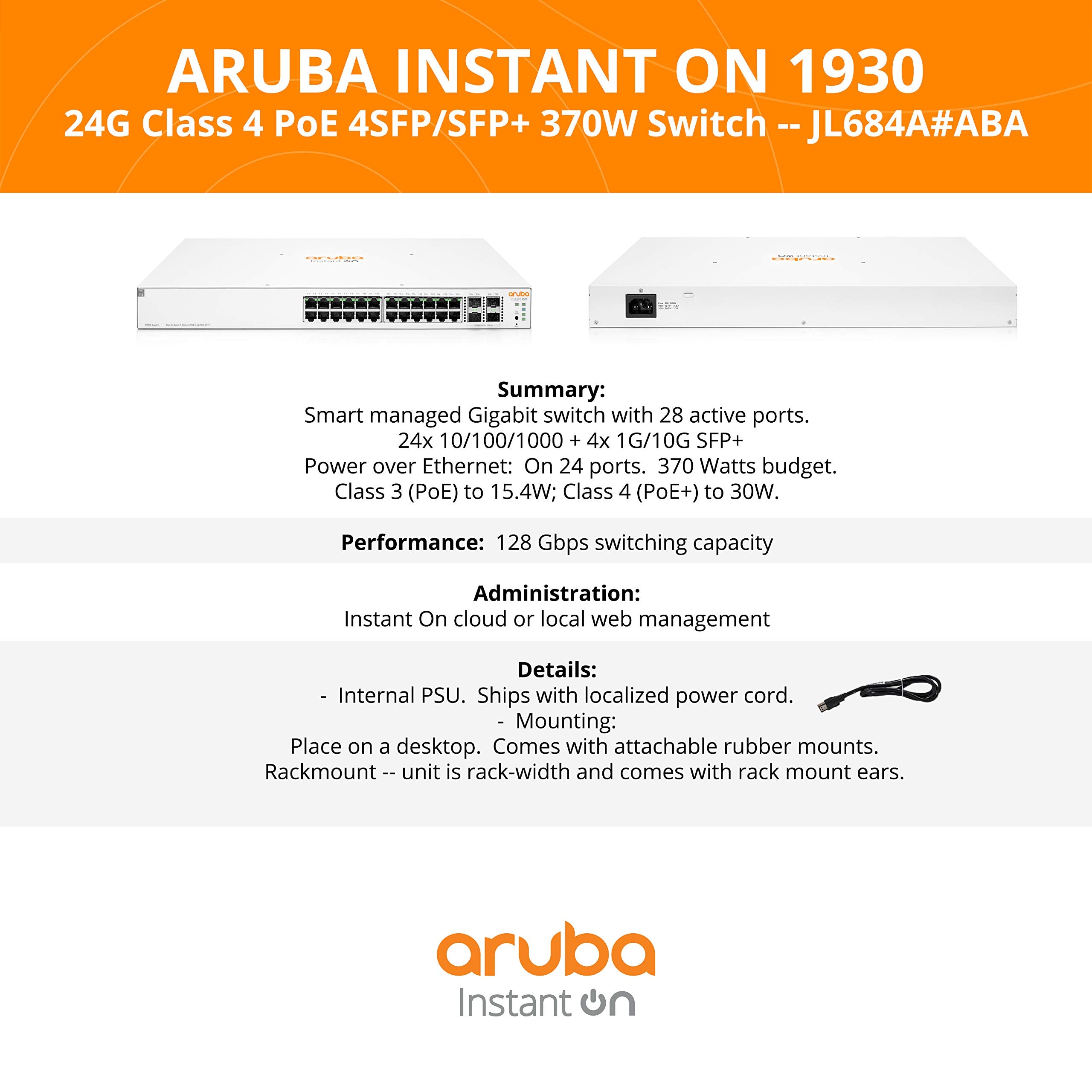 Aruba Instant On 1930 28P Gb Ethernet 24Xge Poe (370W), 4X 1G/10G Sfp+, L2+ Smart Switch Eu Europe Cord (Jl684A#Abb)