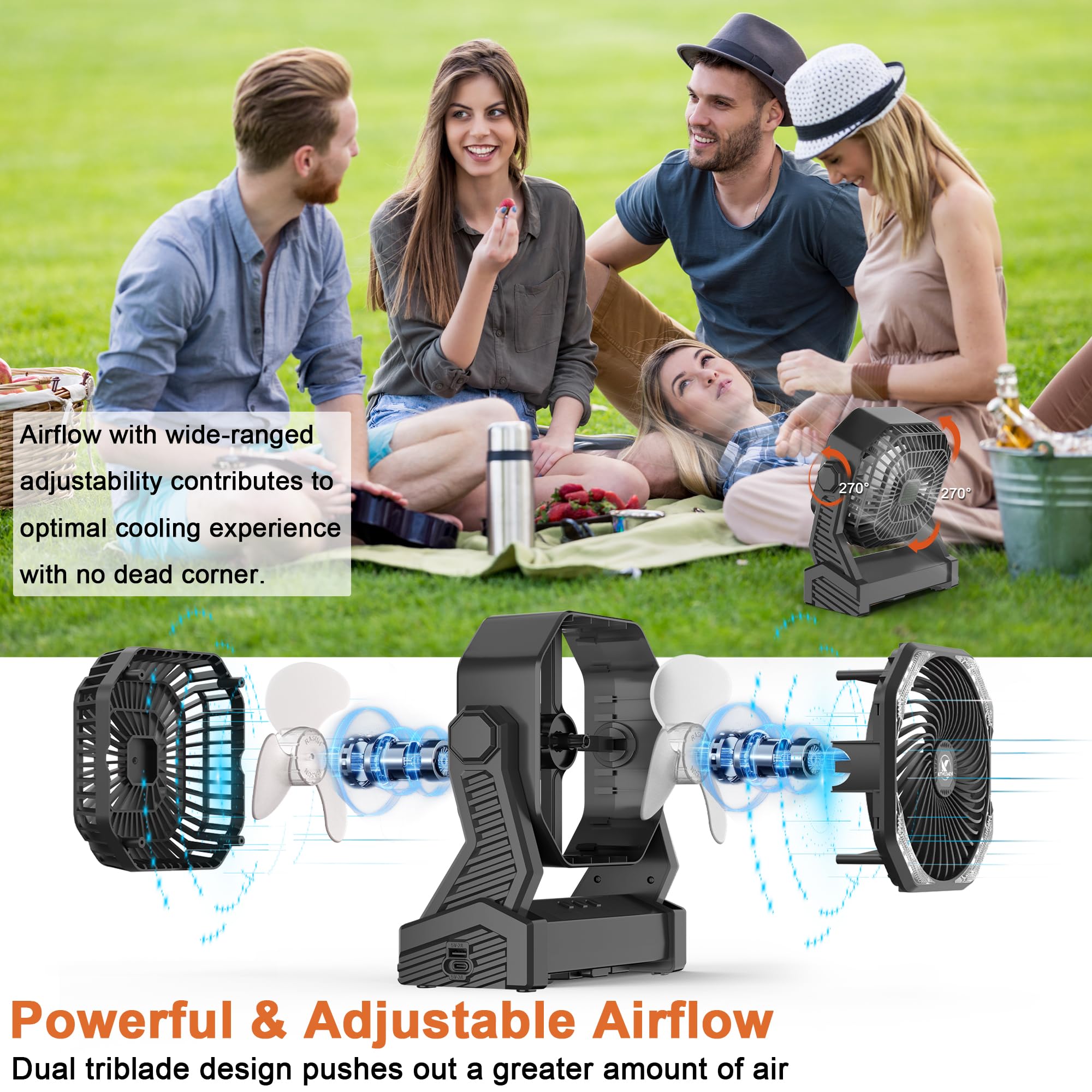 Kitwlemen Camping Fan With Led Lantern, 20000Mah Rechargeable Battery Operated Outdoor Tent Fan With Light & Hook, 4 Speeds, Per