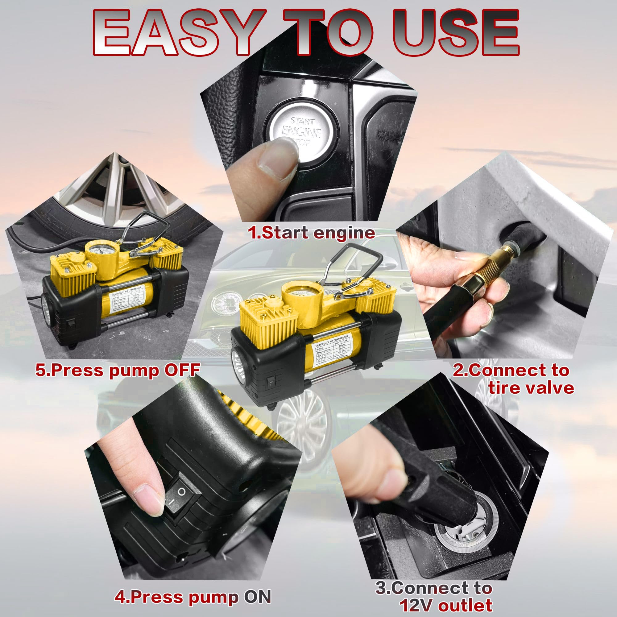 Yellow Tire Inflator Heavy Duty Double Cylinders Direct Drive Inflation Pump,12V Portable Air Compressor Pump With Led Light Dig