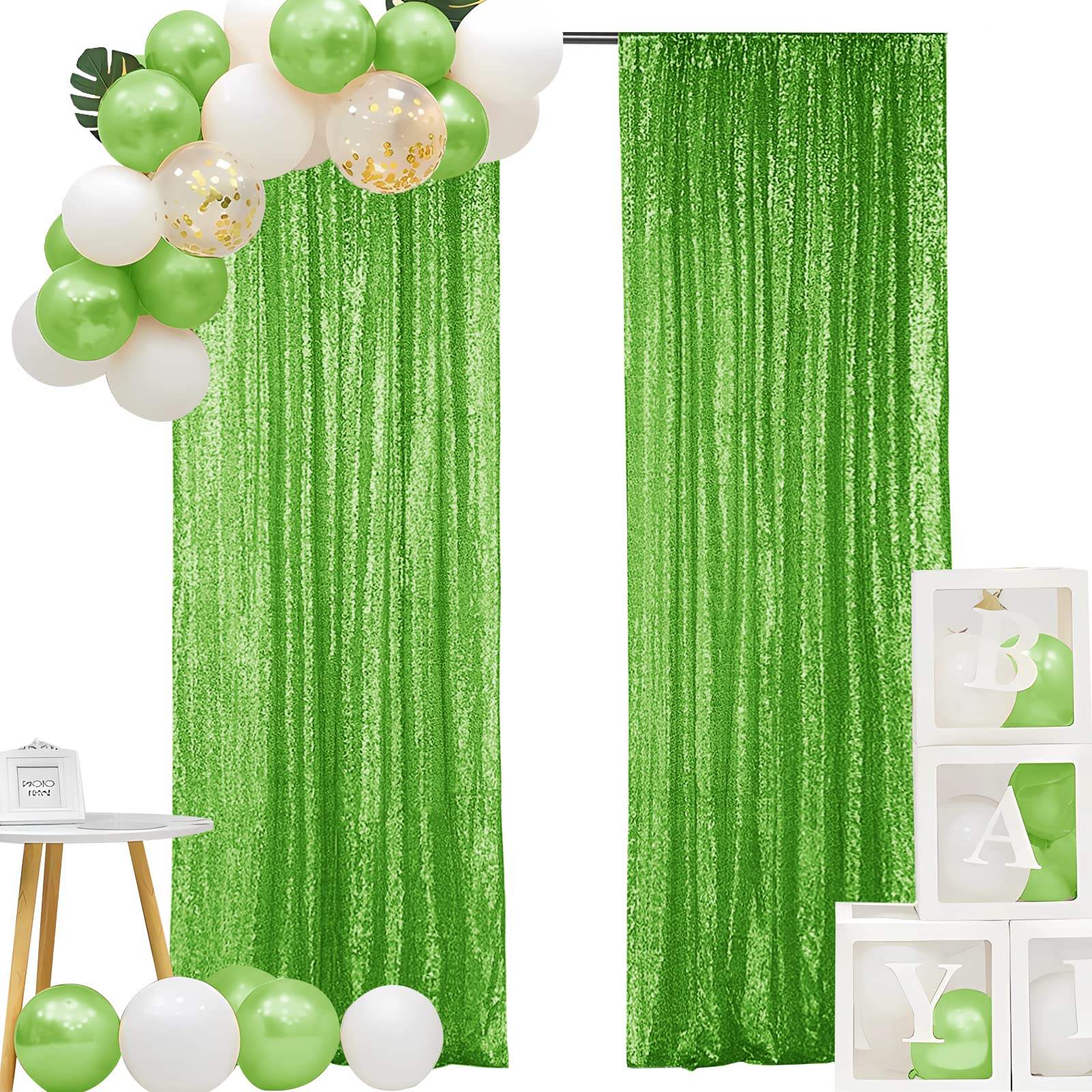 Hahuho Light Green Sequin Backdrop Curtain, 2Pcs 2Ftx8Ft Glitter Backdrop Curtain For Parties, Christmas, Wedding, Banquet Decor