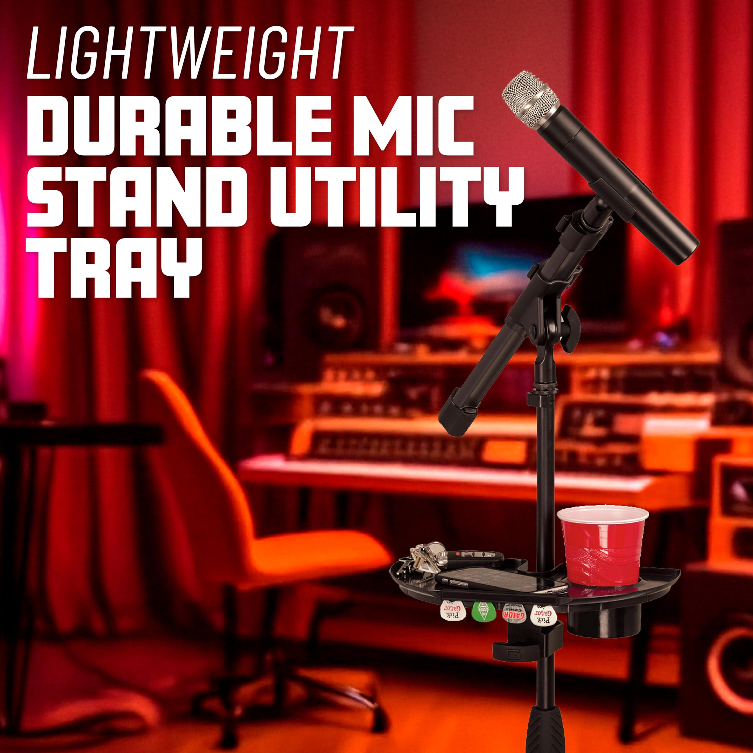 Gator Frameworks Microphone Stand Accessory Tray With Drink Holder And Guitar Pick Tab, 12 X 7 (Gfw-Mic-Acctray)