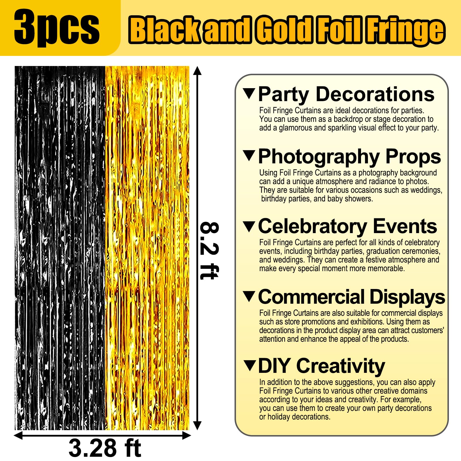 3 Pack Black Gold Foil Fringe Curtain Backdrop, 3.28Ft X 8.2Ft Metallic Tinsel Foil Fringe Streamer Curtains For Photo Booth, Ch