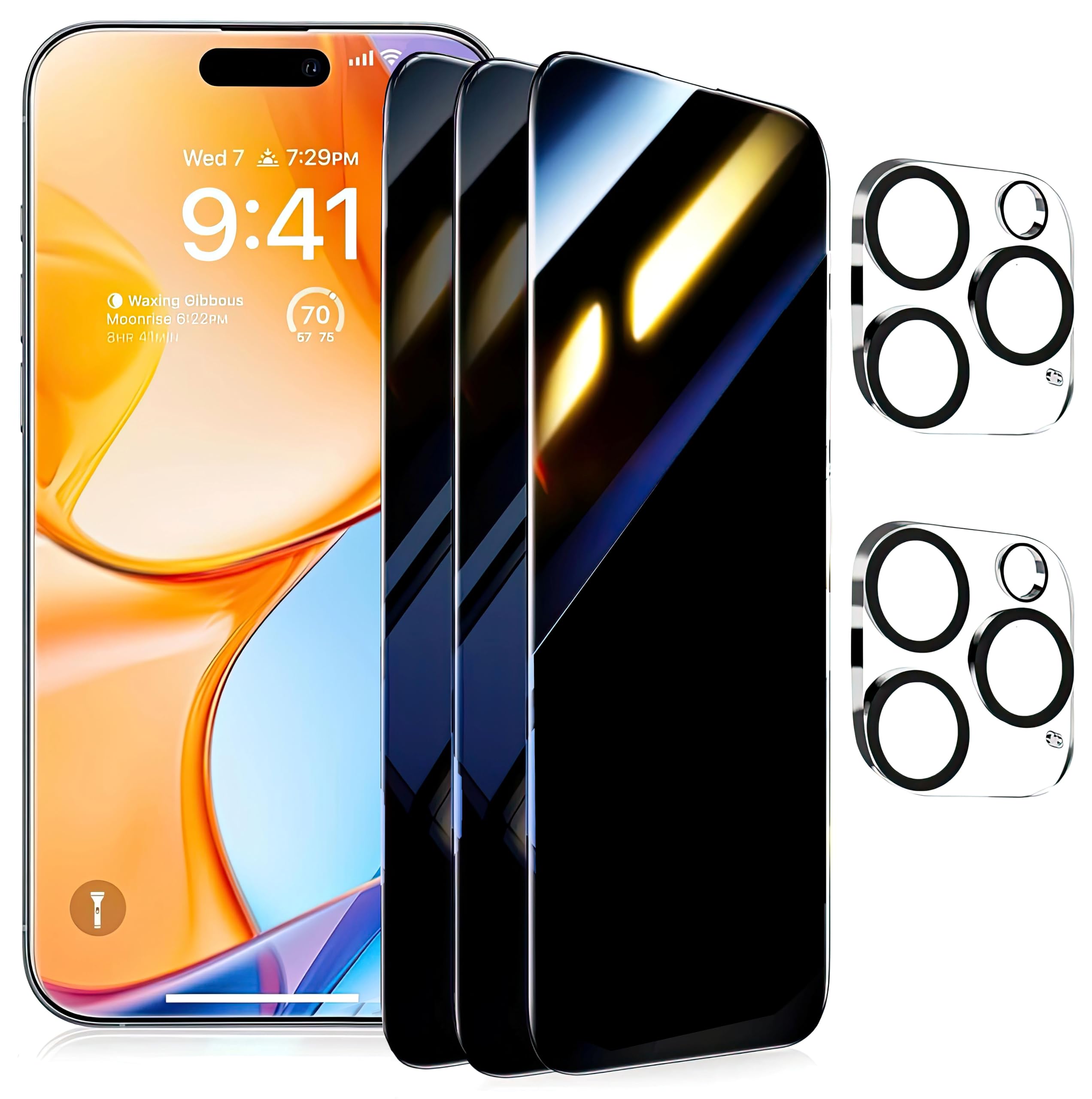 Arerco 3 Pack Privacy Screen Protector + 2 Camera Lens 9H+ Full Cover Glass For Iphone 16 Pro Max Auto Alignment Kit 12Ft Milita
