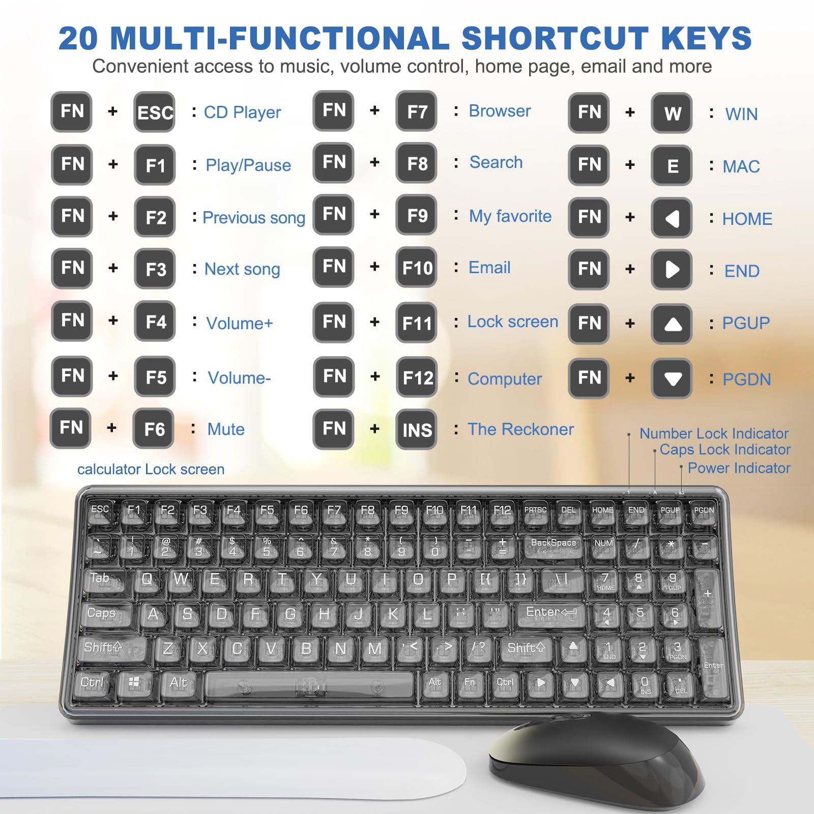 Wireless Transparent Keyboard And Mouse Combo With Soft Wrist Rest, Nowlike Ergonomic Full Size With Clear Keycaps, Compatible W