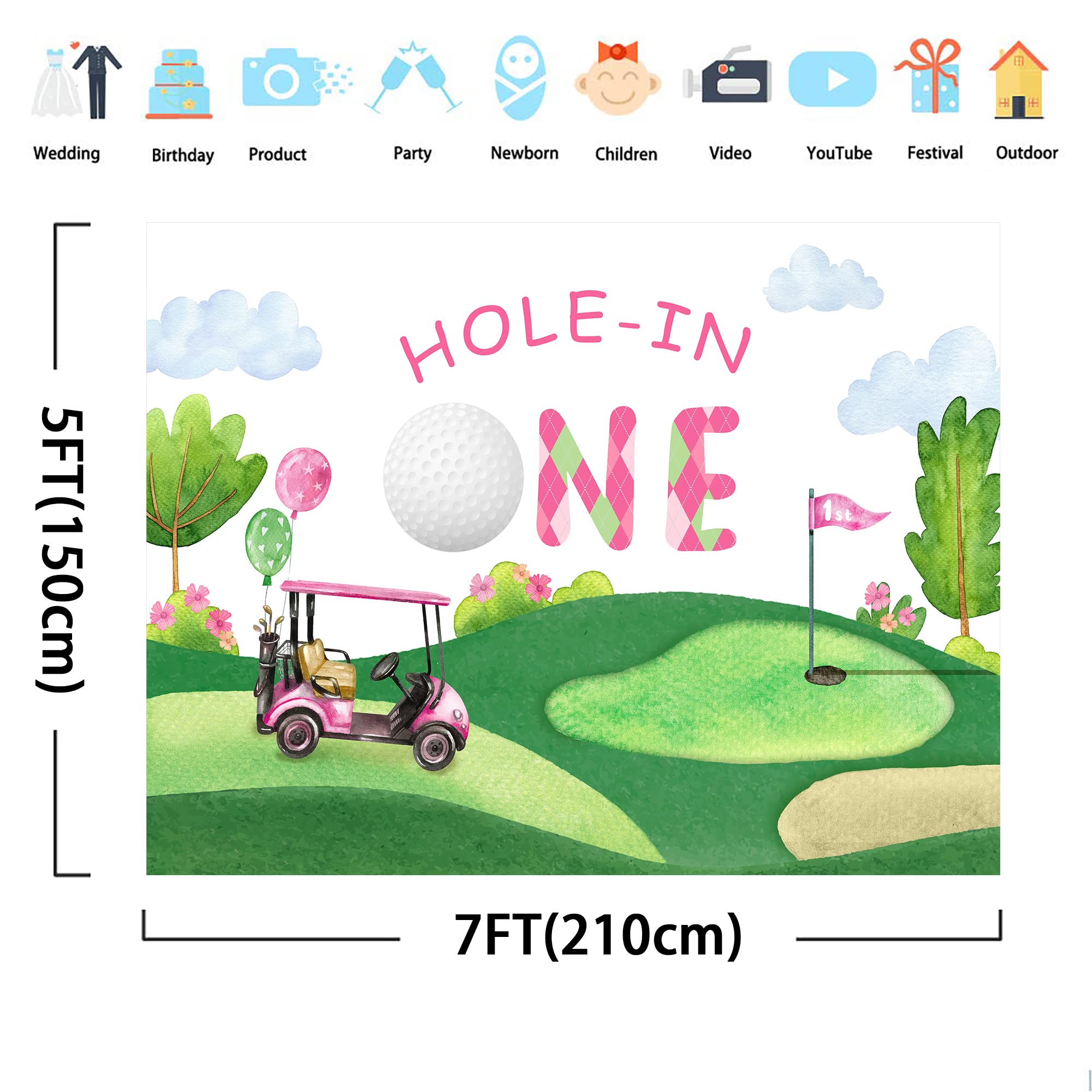 Svbright Hole In One 1St Birthday Backdrop 7Wx5H Kids First Bday Golf Sports Theme Blue Sky White Clouds Grass For Girls Party C