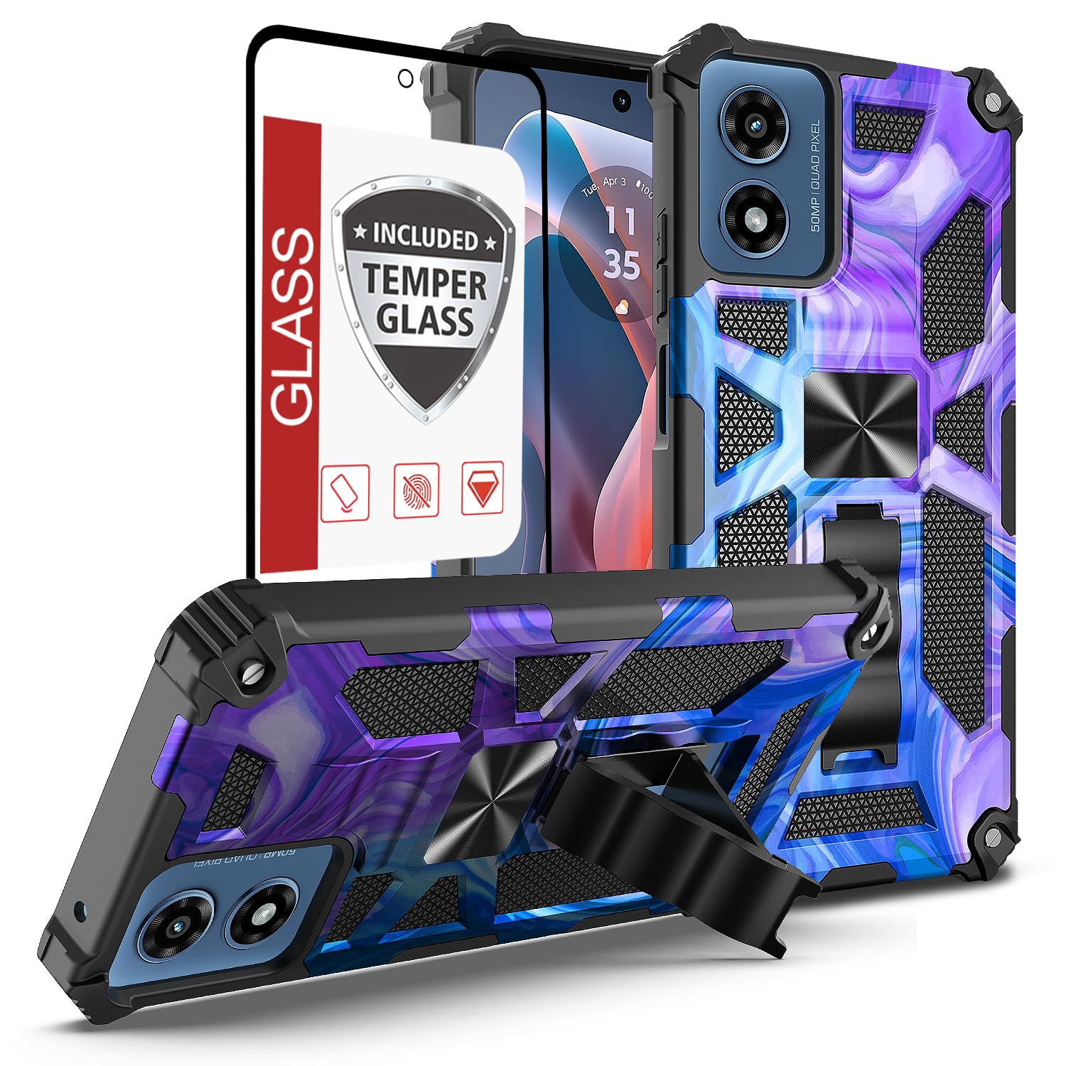 For Motorola Moto-G-Power-5G-2024 Phone Case w/Tempered Glass Screen Protector(Full Coverage) [Mil-Grade][Built-in Kickstand]Car