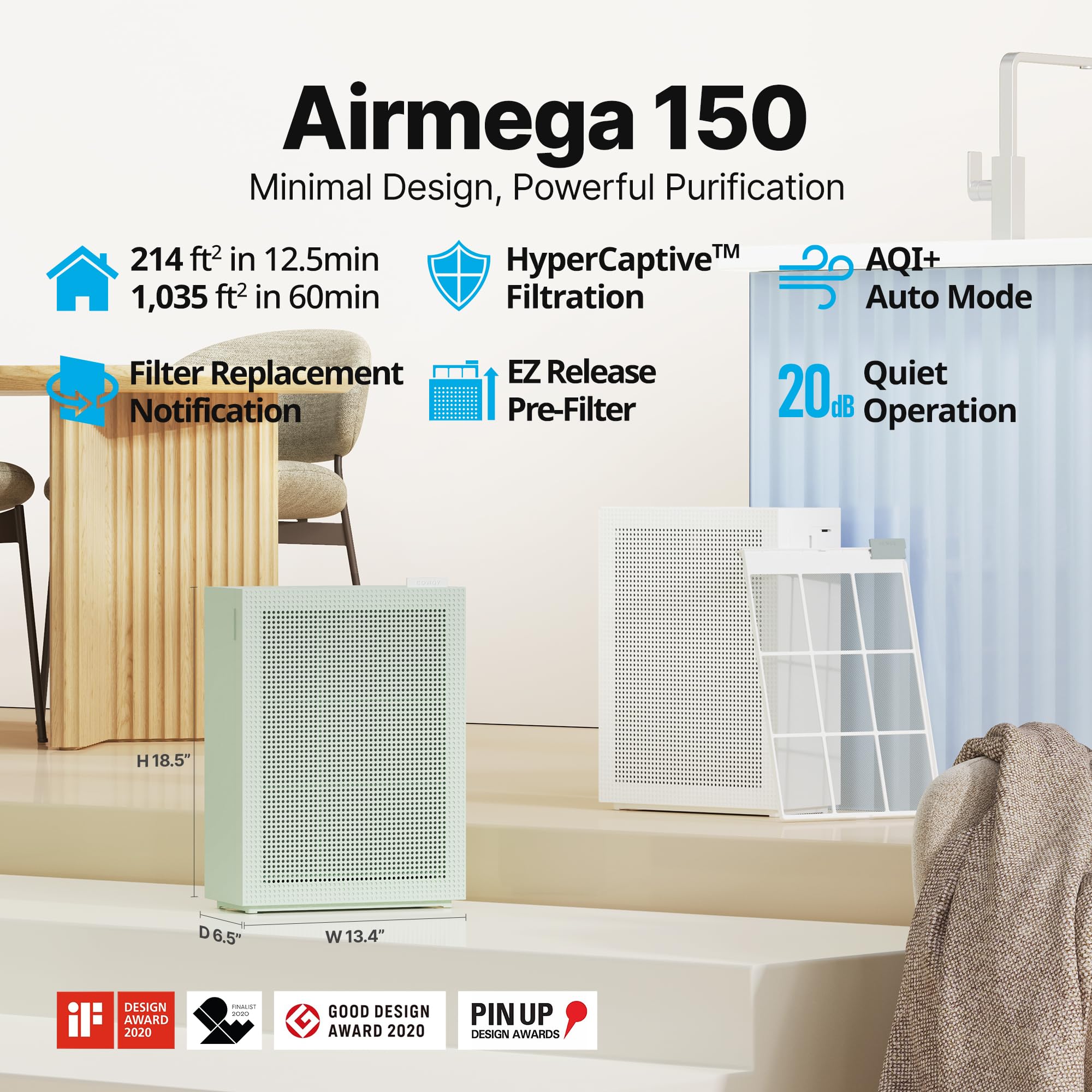 Coway Air Purifier Airmega 150(W) - True HEPA, Washable Filter, 1,035ft², Dove White, Auto Mode, 3yr Warranty