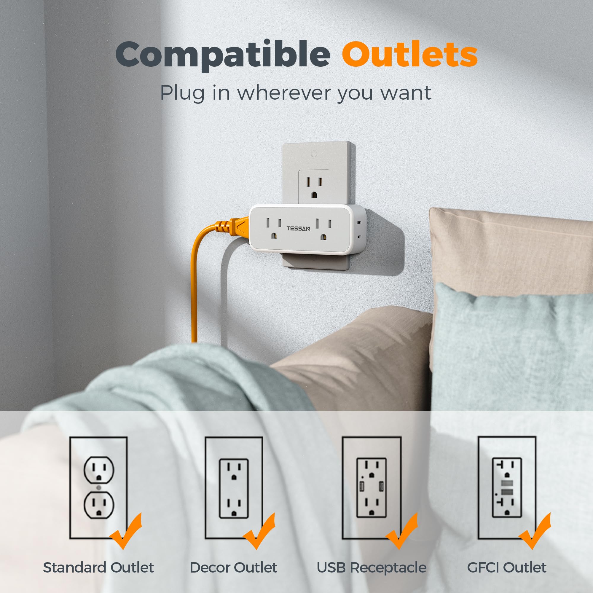 Outlet Extender Surge Protector, Tessan Multi Wall Plug With 4 Ac Electrical Outlets, 3 Sided Multiple Plug Expander, 1875W Max,