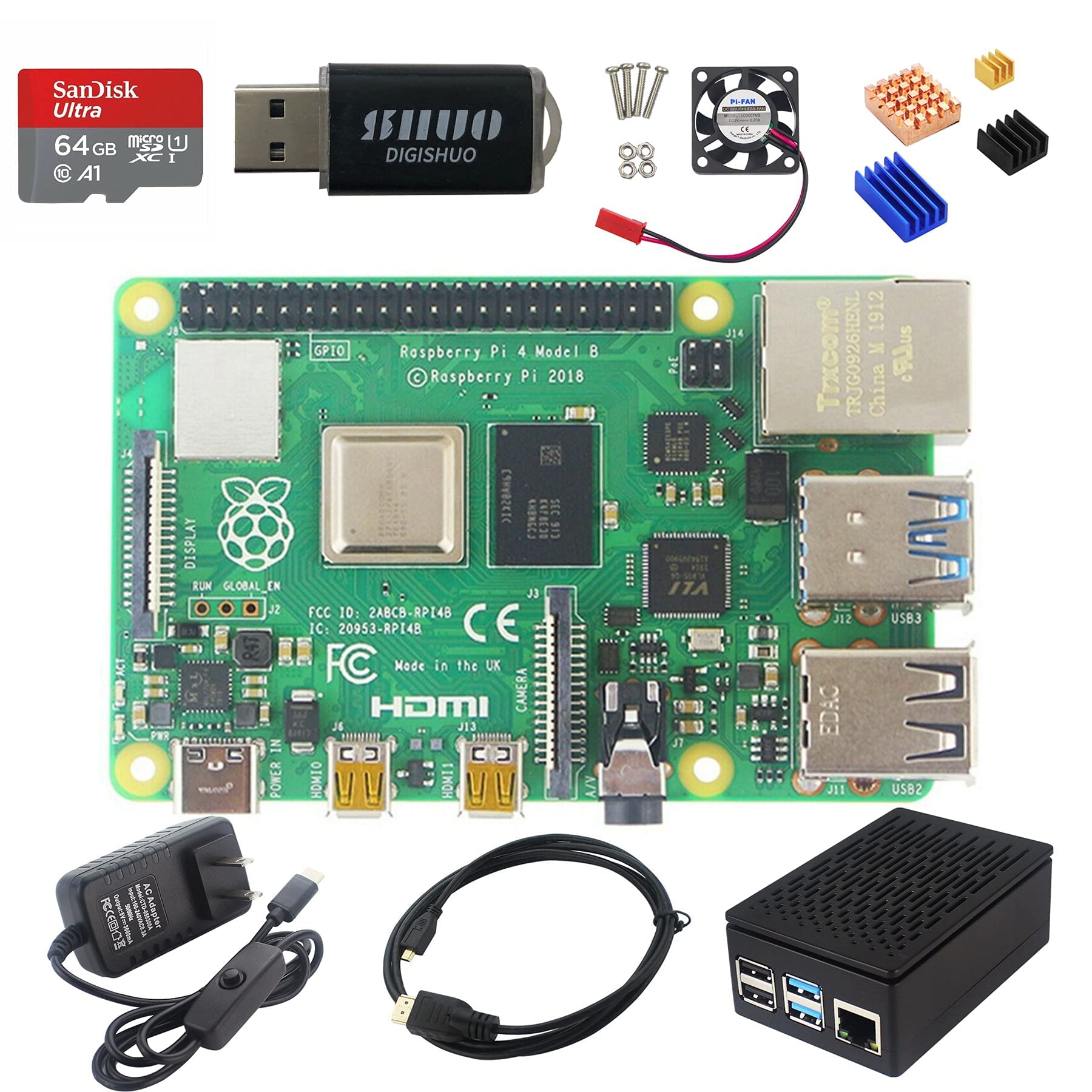 Digishuo Raspberry Pi 4B Model B 8Gb Ram Diy Kit | With Case | Pi Cooling Fan | San Disk 64G Sd Card Micro Sd | Micro Hdmi Cable
