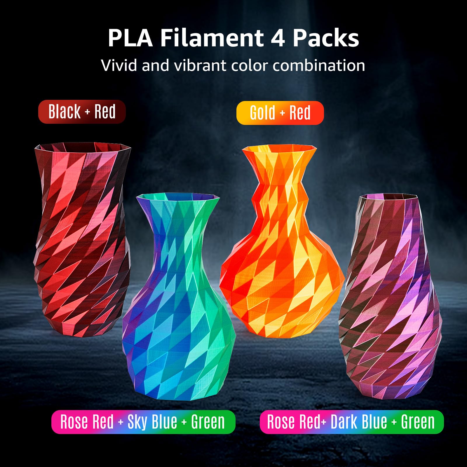 Dikale Silk 3D Printing Filament Pla+ Tricolor And Dual Color 4-Pack Bundle - 1.75Mm 3D Printing Pla Pro 250G X 4 Spools, Rose R
