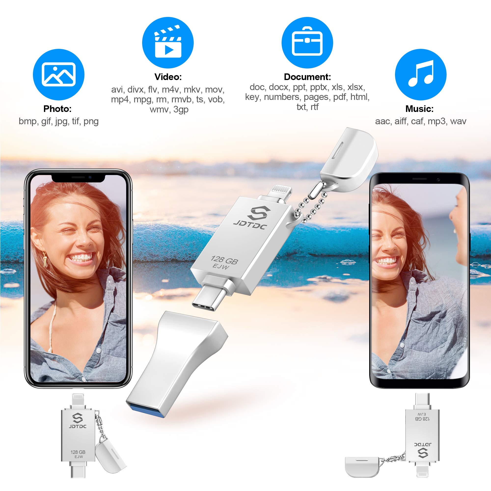 JSL JDTDC 128GB Apple MFi Certified iPhone Photo Stick, 3-in-1 USB-C Flash Drive for iPhone 14-17, Silver