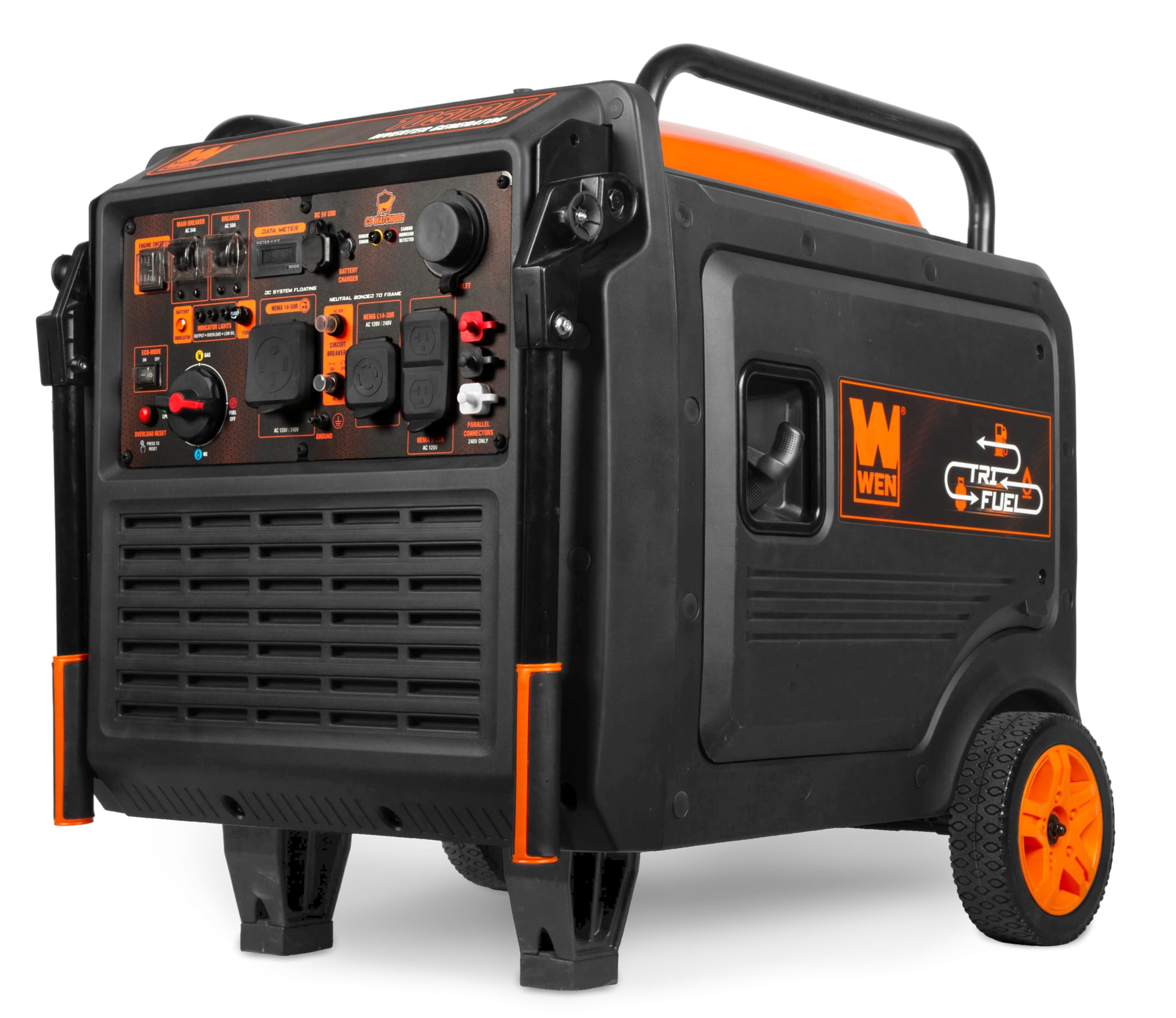 WEN 10,500-Watt 120V/240V Tri-Fuel Inverter Generator with Quiet 457cc Engine, Electric Start, Wheel Kit, and CO Watchdog, Gas,