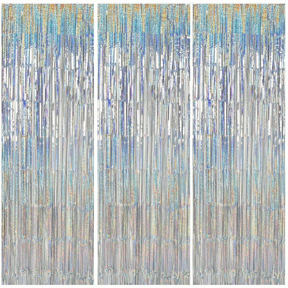 Toniful 3Pcs Laser Silver Door Streamers,Laser Silver Photo Booth Backdrop Metallic Streamers Laser Silver Foil Fringe Curtains