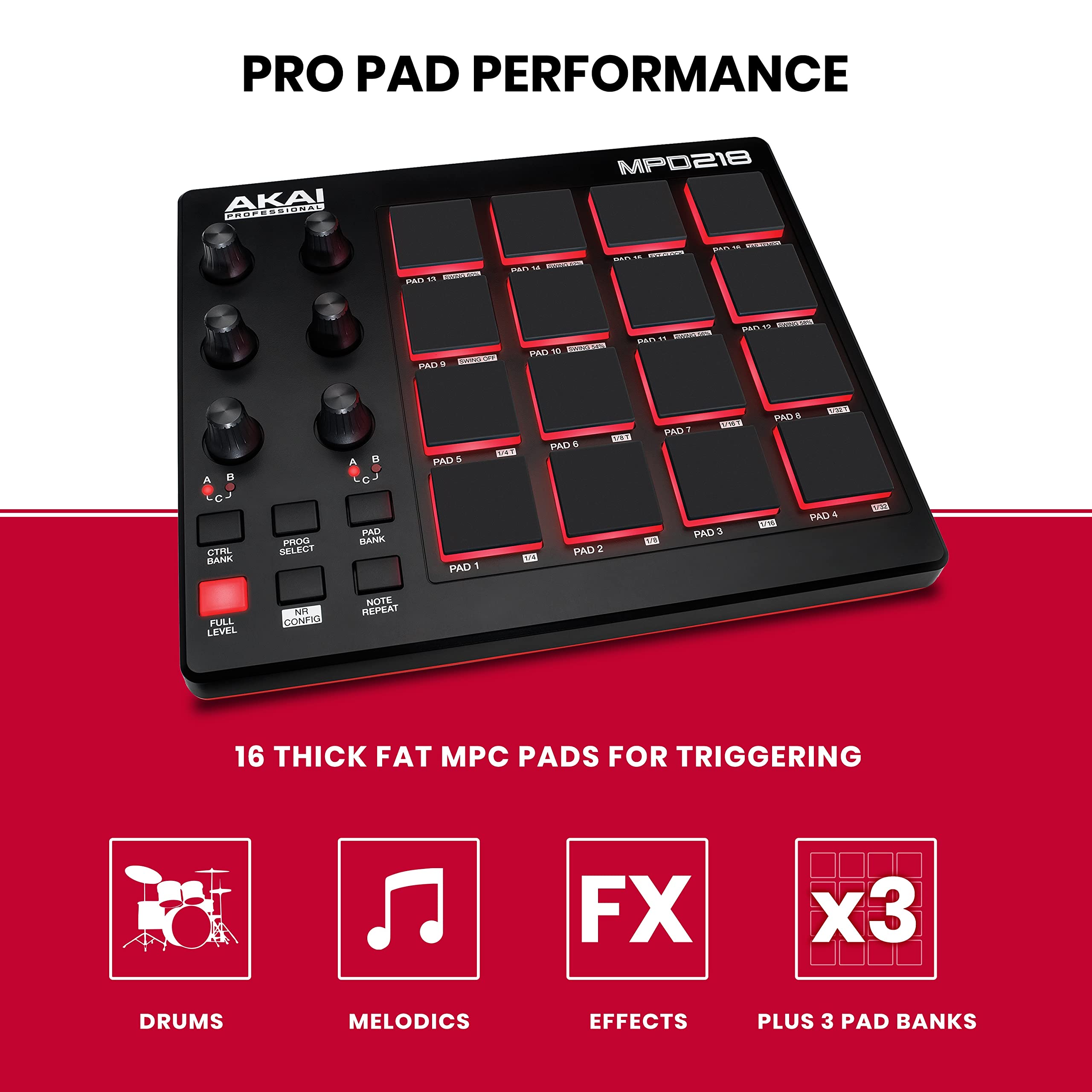 Akai Professional Mpd218   Usb Midi Controller With 16 Mpc Drum Pads, 6 Assignable Knobs, Note Repeat & Full Level Buttons And P