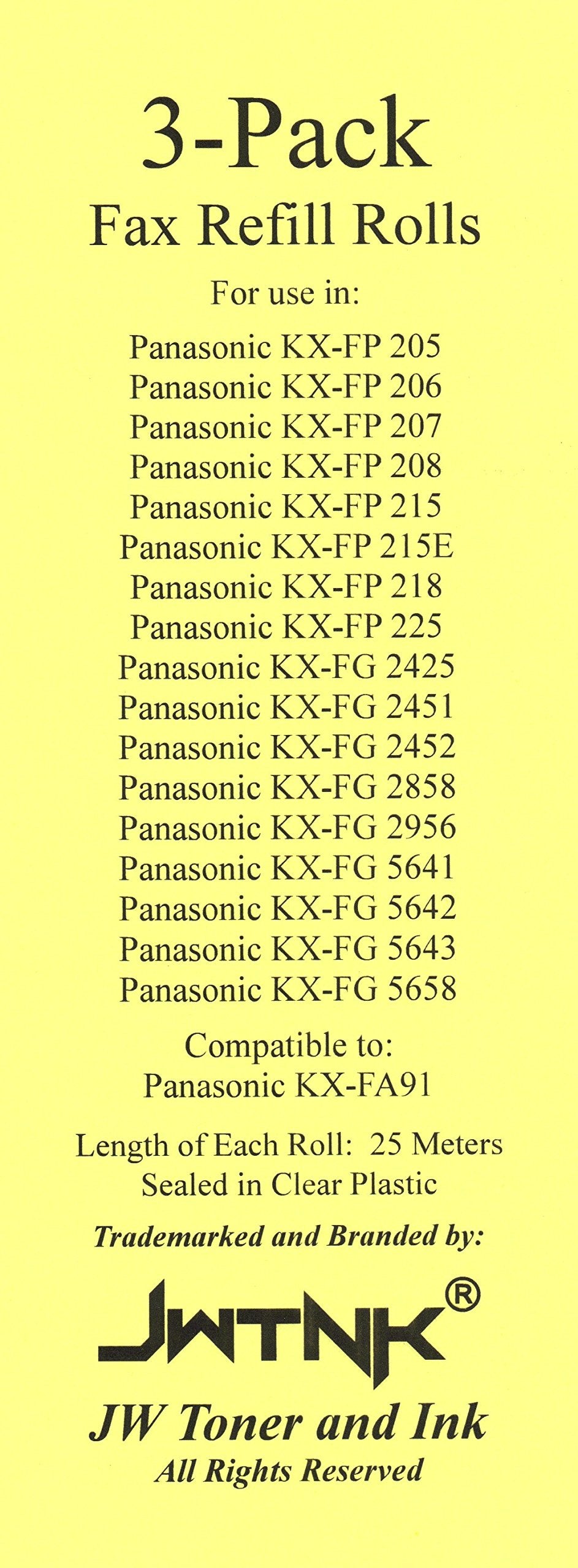 3 Pack Of Kx Fa91 Fax Film Ribbon Refill Rolls For Use In Panasonic Kx Fp205 Kx Fp215 Kx Fp215E Kx Fp225 Kx Fg2425 Kx Fg2451 Kx