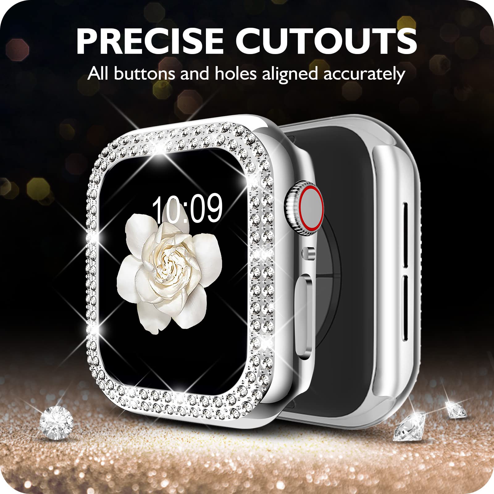 Dabaoza Compatible Bling Apple Watch Band 45Mm For Women With Bumper, Glitter Case Cover Girls Stainless Steel Mesh Loop Strap M