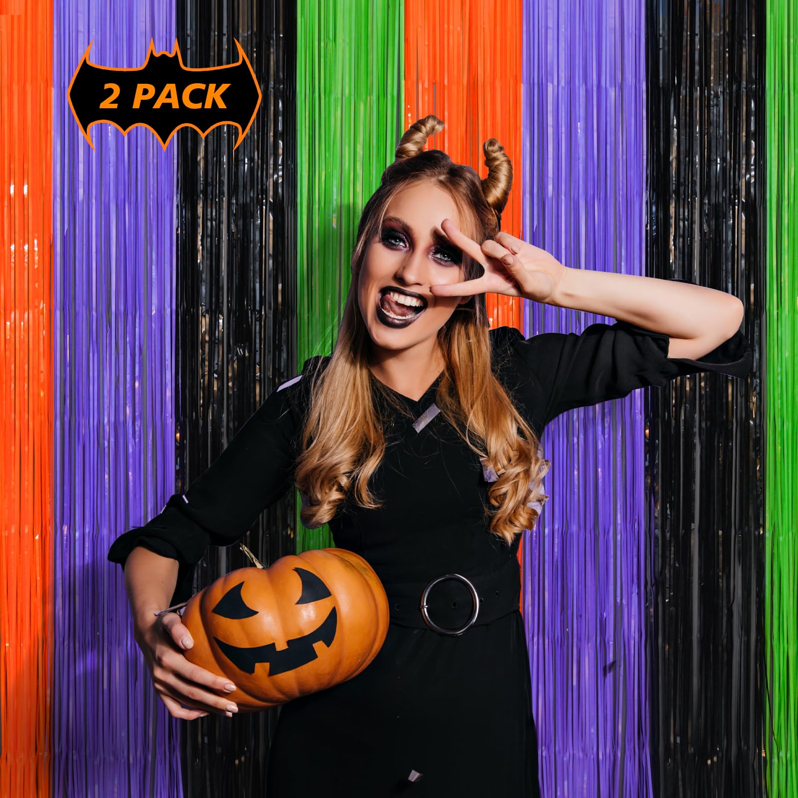 Mega L Halloween Party Decorations, 2 Packs Orange Purple Black Green Photo Booth Props, 3.3 X 6.6 Ft Halloween Foil Fringe Curt