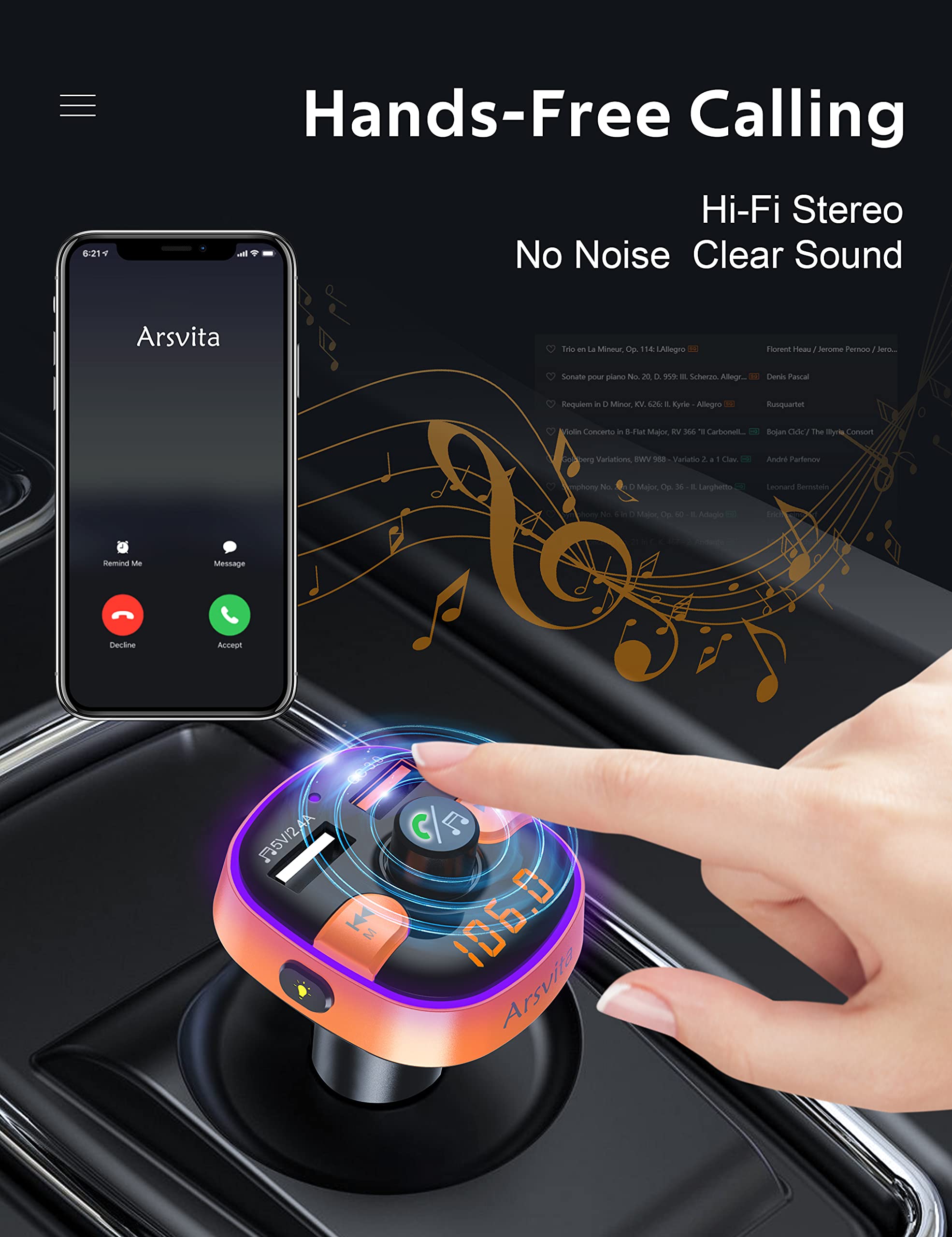 Upgraded Arsvita Bluetooth Fm Transmitter For Car, Radio Receiver/Audio Adapter With Dual Car Charger, Support Qc3.0 Quick Charging, Hands Free Calling And Hi Fi Sound Playback, Orange