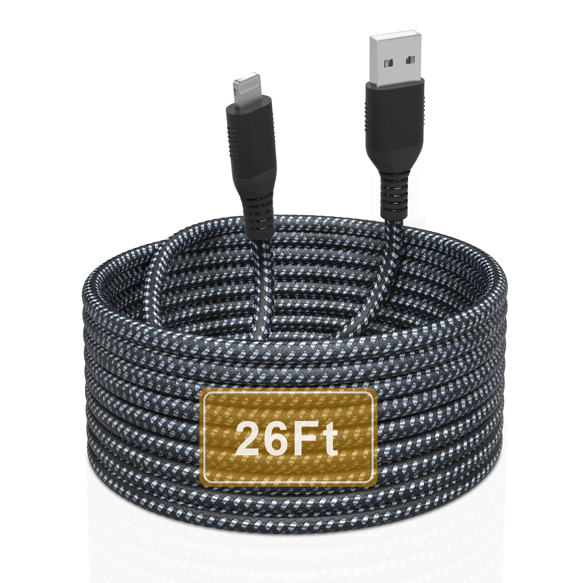 Iphone Charger 26Ft/8M [Apple Mfi Certified] Lightning Cable Extra Long Iphone Charging Cord Nylon Braided Apple Fast Charger Cable 2.4A For Iphone 13 12 11 Pro X Xs Max Xr/8 Plus/7 Plus/6/6S Plus/5S