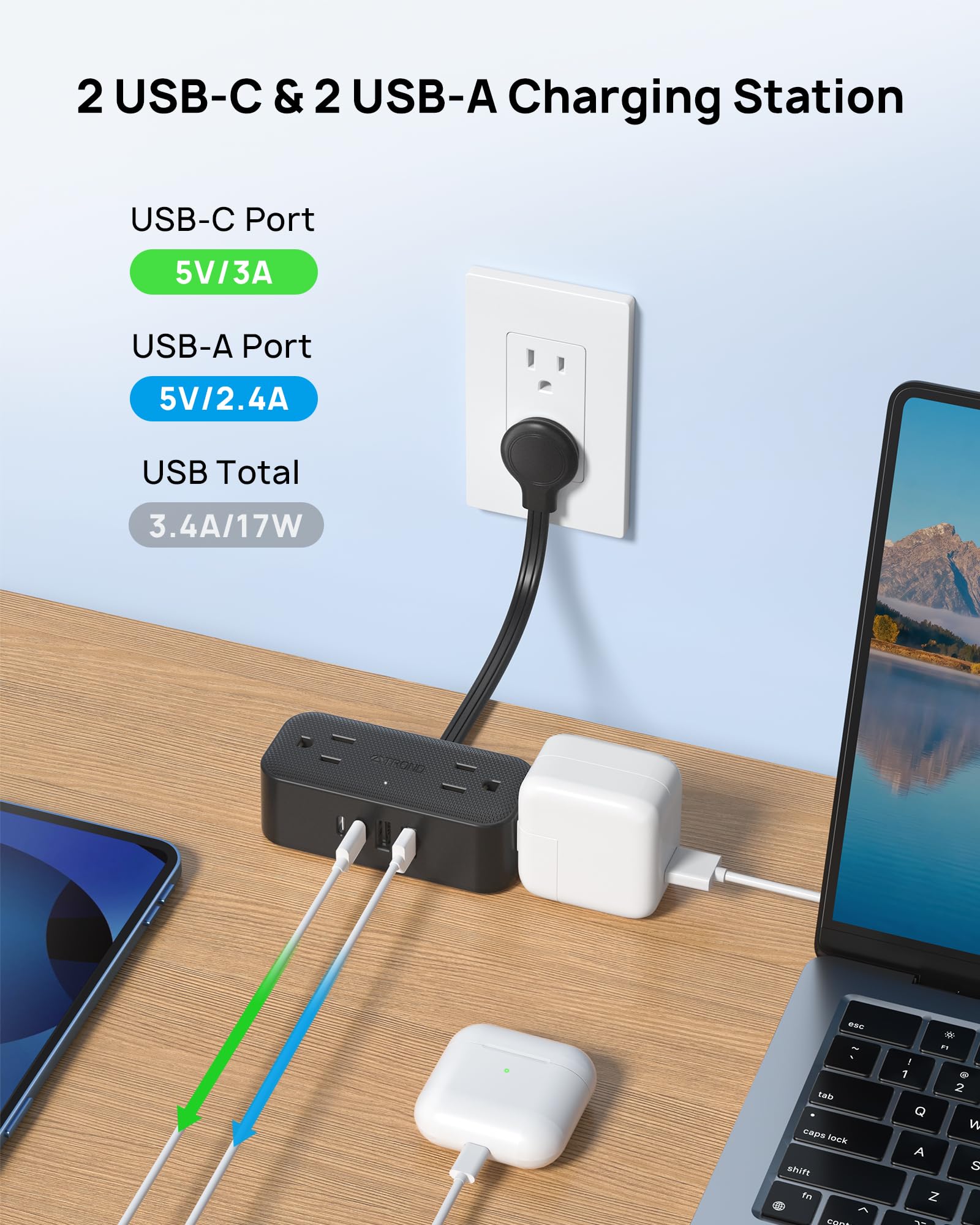 Trond Outlet Extender With 6 Inch Cord, Multi Plug Wall Outlet With 4 Electrical Sockets And 4 Usb Ports, Wall Mountable, Flat P