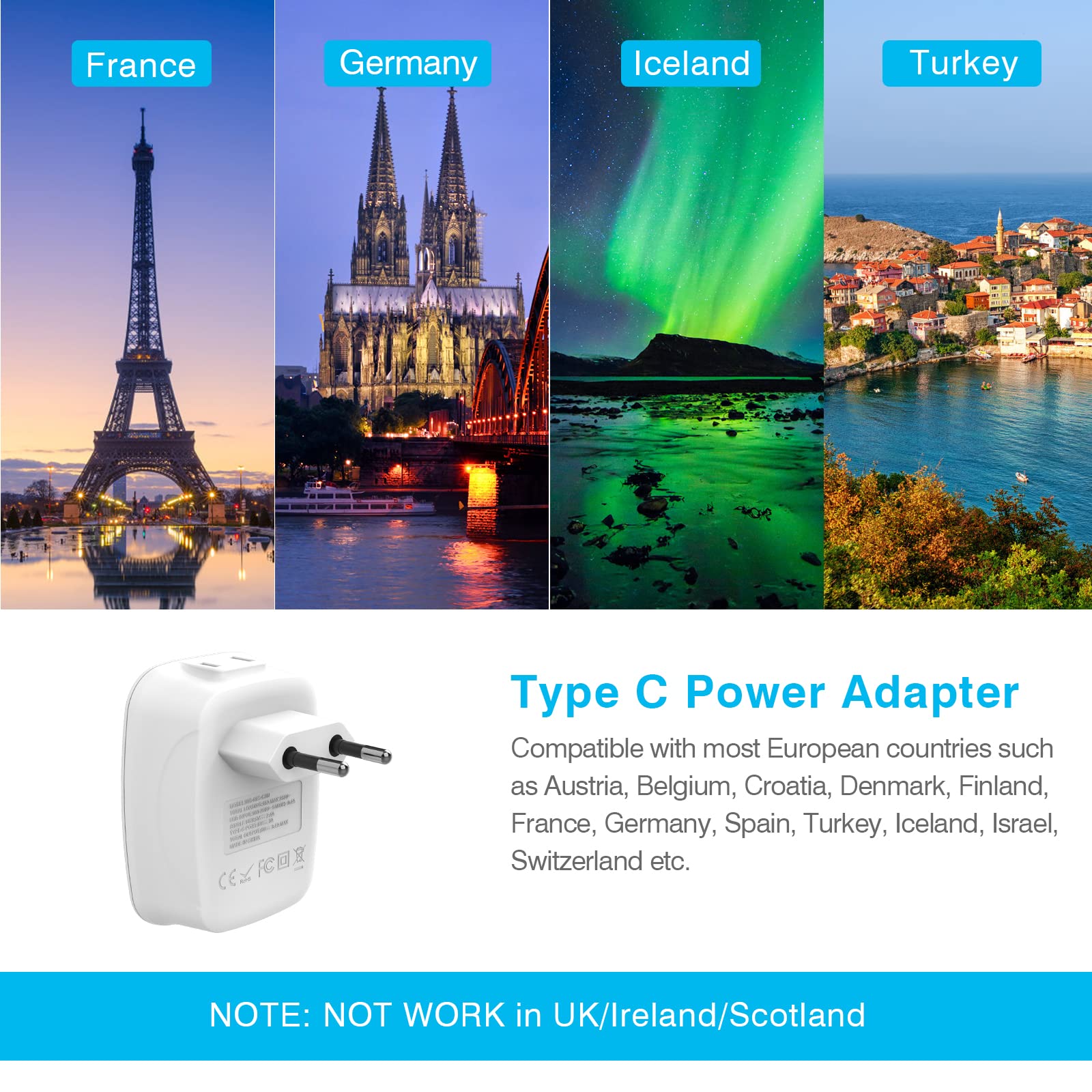1 Pack European Travel Plug Adapter, Vintar International Power Plug Adapter With 2 Outlets, 3 Usb And 1 Usb C, 6 In 1 Travel Es
