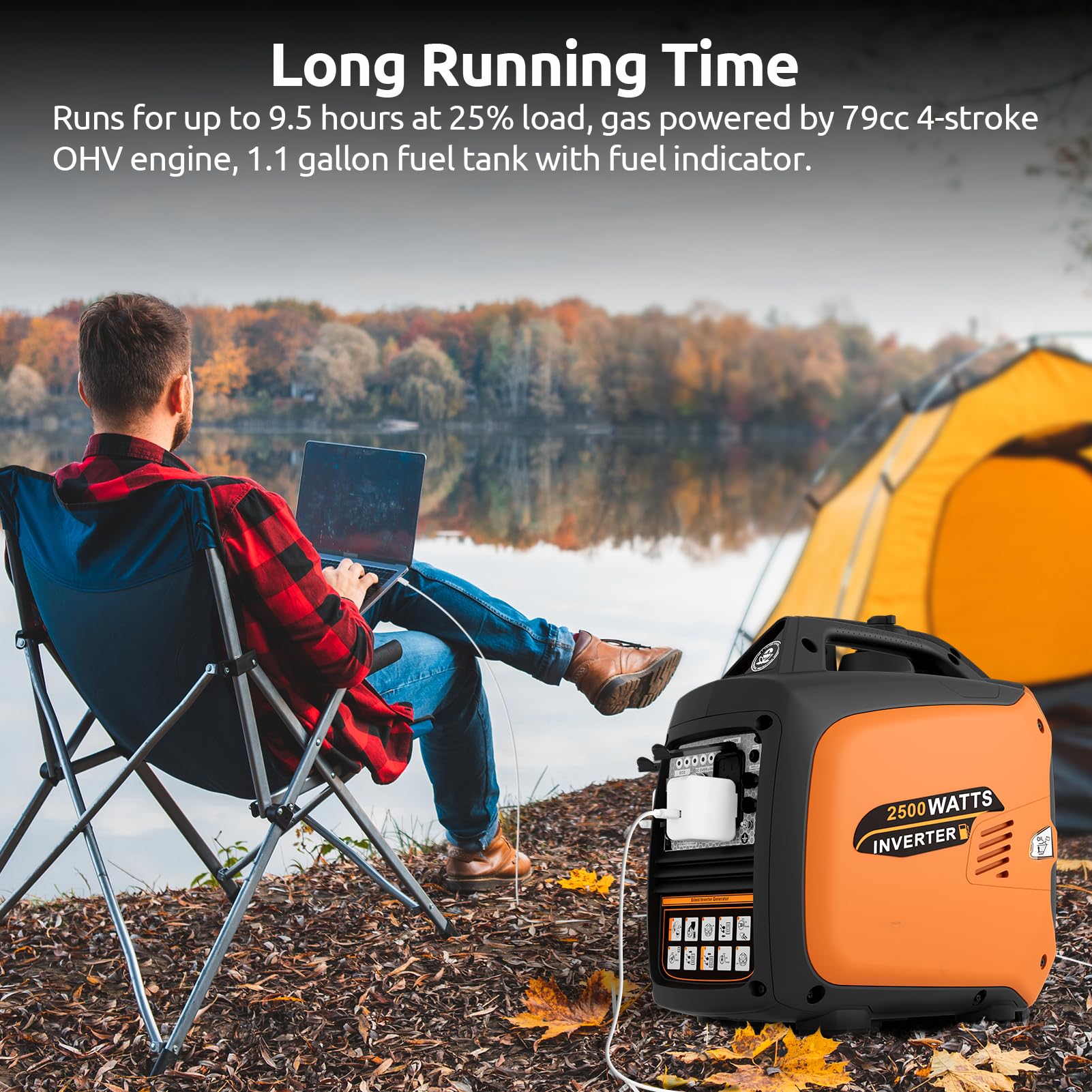 Portable Inverter Generator 2500W Gas Powered, Long Runtime Gas Generators For Home Use, Camping, Super Quiet Emergency Home Bac