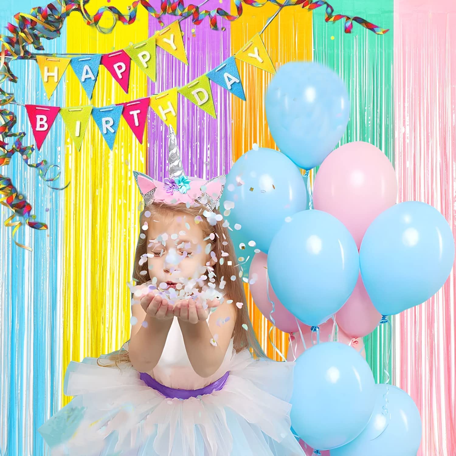 Braveshine Metallic Tinsel Foil Fringe Curtains   2Pcs 3.2X8.2Ft Pastel Colourful Photo Backdrop For Sweet Birthdays Easter Bunn