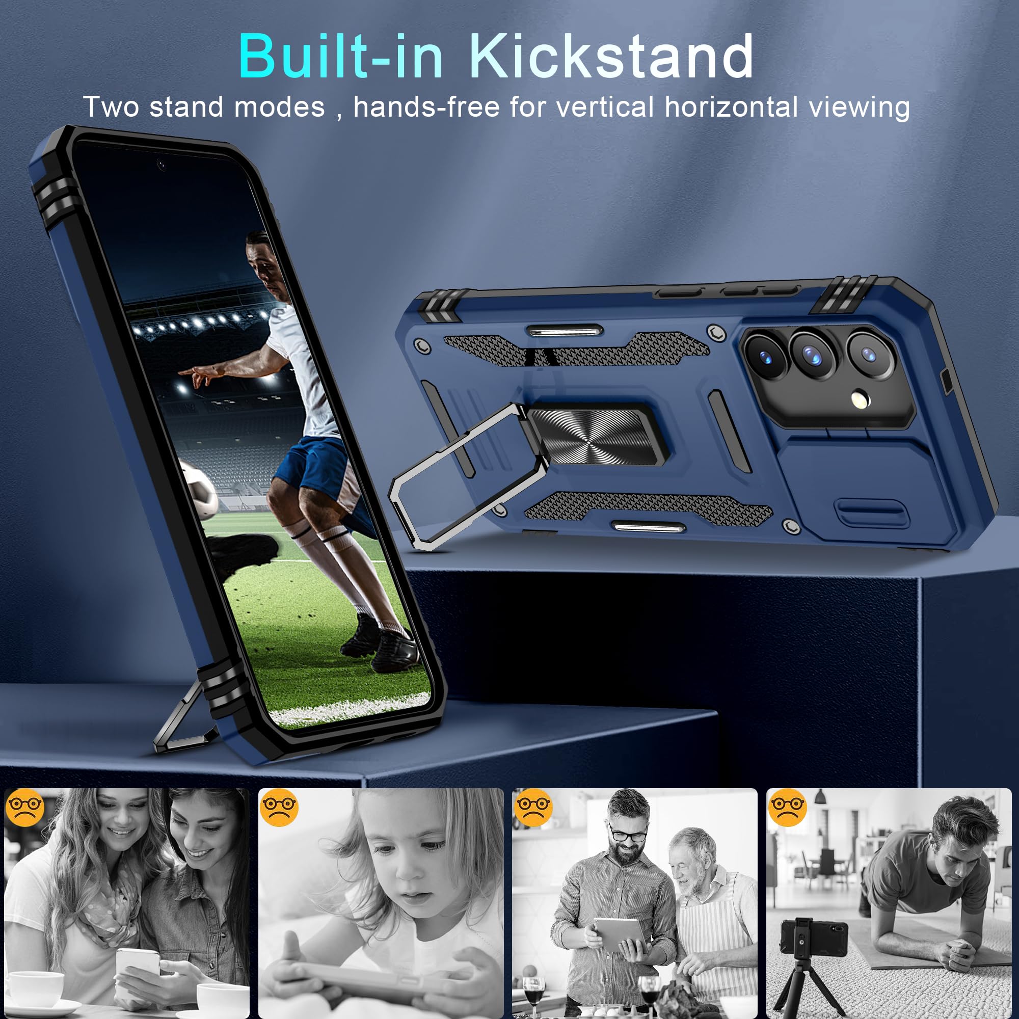 Deerlamn Case For Samsung Galaxy S24 With Slide Camera Cover+Screen Protector (1 Pack), Rotated Ring Kickstand Military Grade Sh