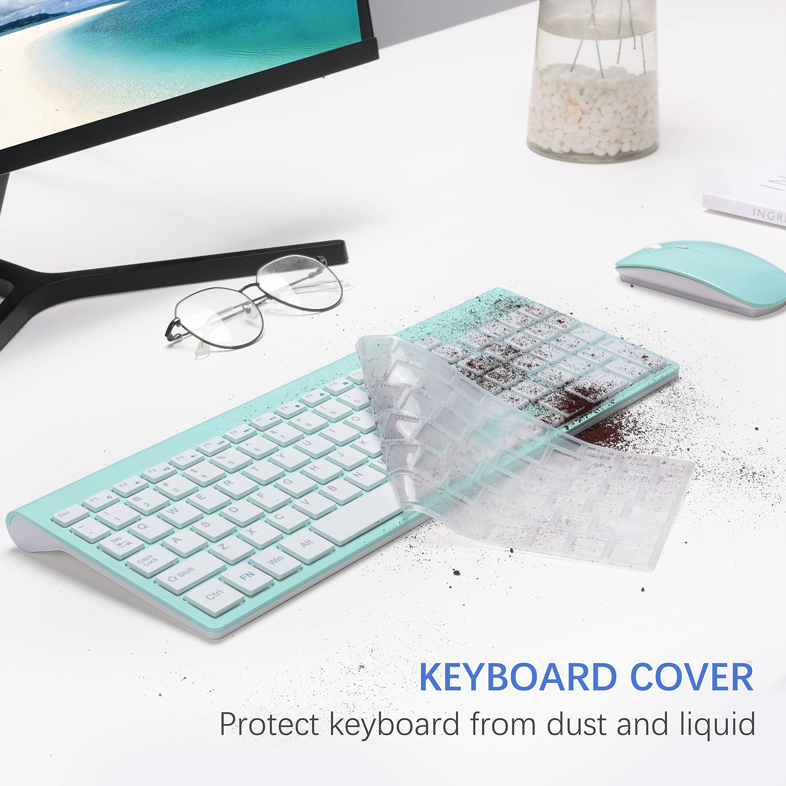 Wireless Keyboard And Mouse Ultra Slim Combo, Topmate 2.4G Silent Compact Usb 2400Dpi Mouse And Scissor Switch Keyboard Set With Cover, 2 Aa And 2 Aaa Batteries, For Pc/Laptop/Windows/Mac   Mint Green