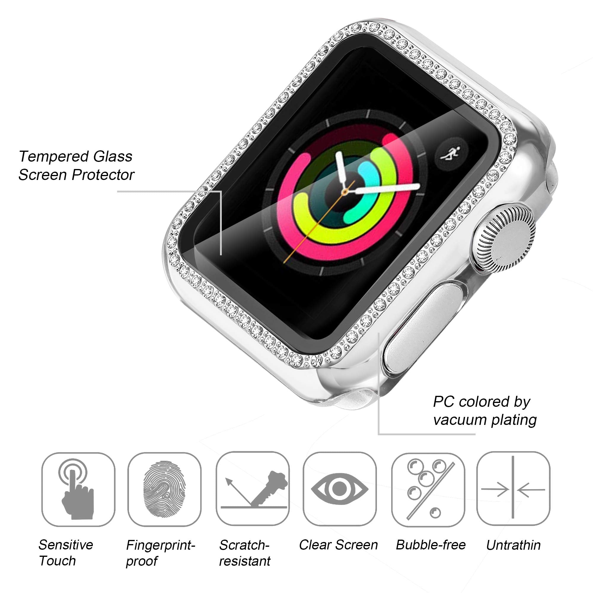 Secbolt 38Mm Bling Case Compatible Apple Watch Band With Built-In Tempered Glass Screen Protector, All Around Protective Cover F