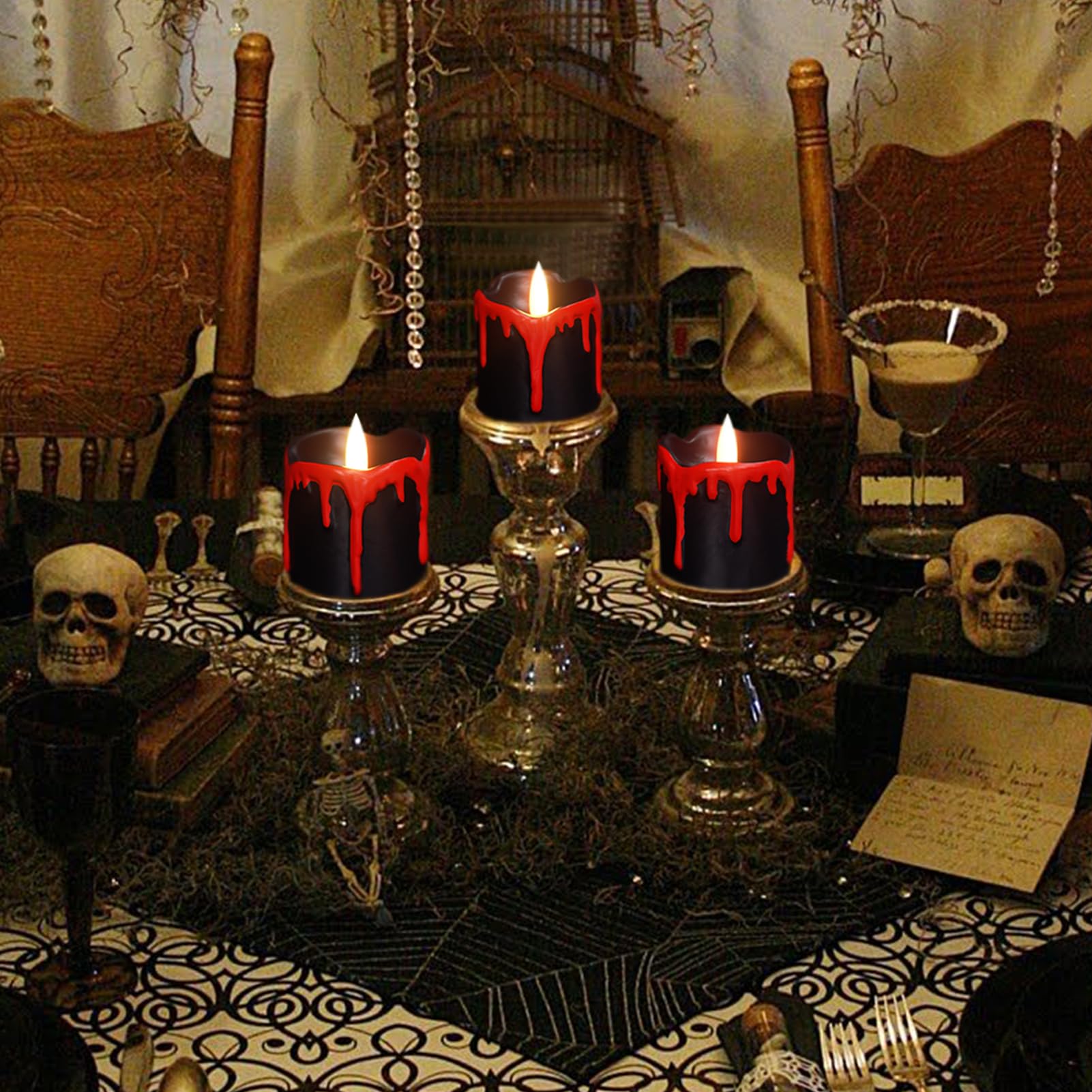 Genswin Halloween Led Votive Candles With Long Lasting Batteries, Flameless Flickering With 6H Timer, 6 Real Wax Black And Red C