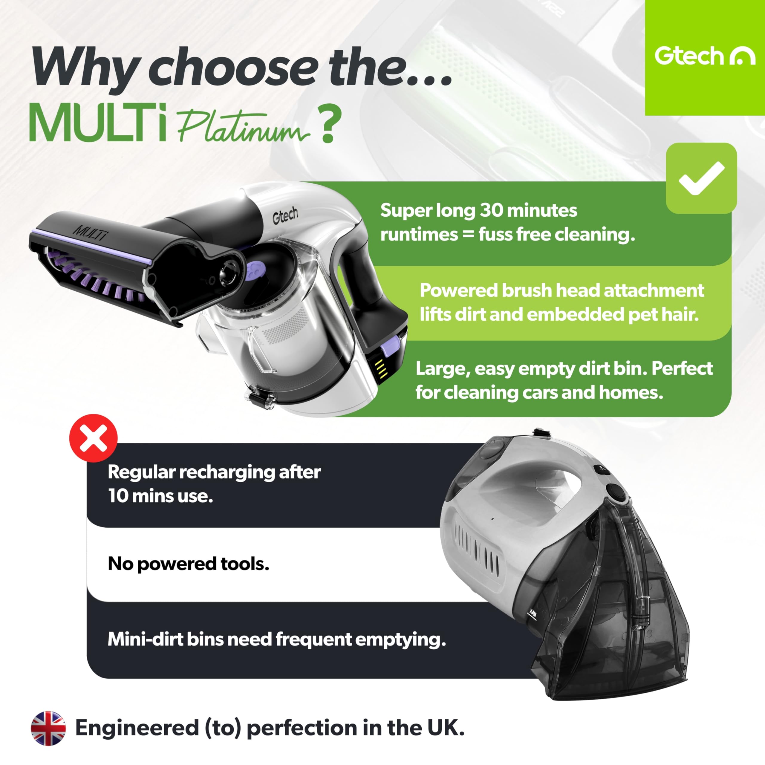 Gtech Multi Platinum | Cordless Lightweight Handheld Vacuum Cleaner | Reinforced With Aluminium | Rechargeable 22V 3350Mah Lithi