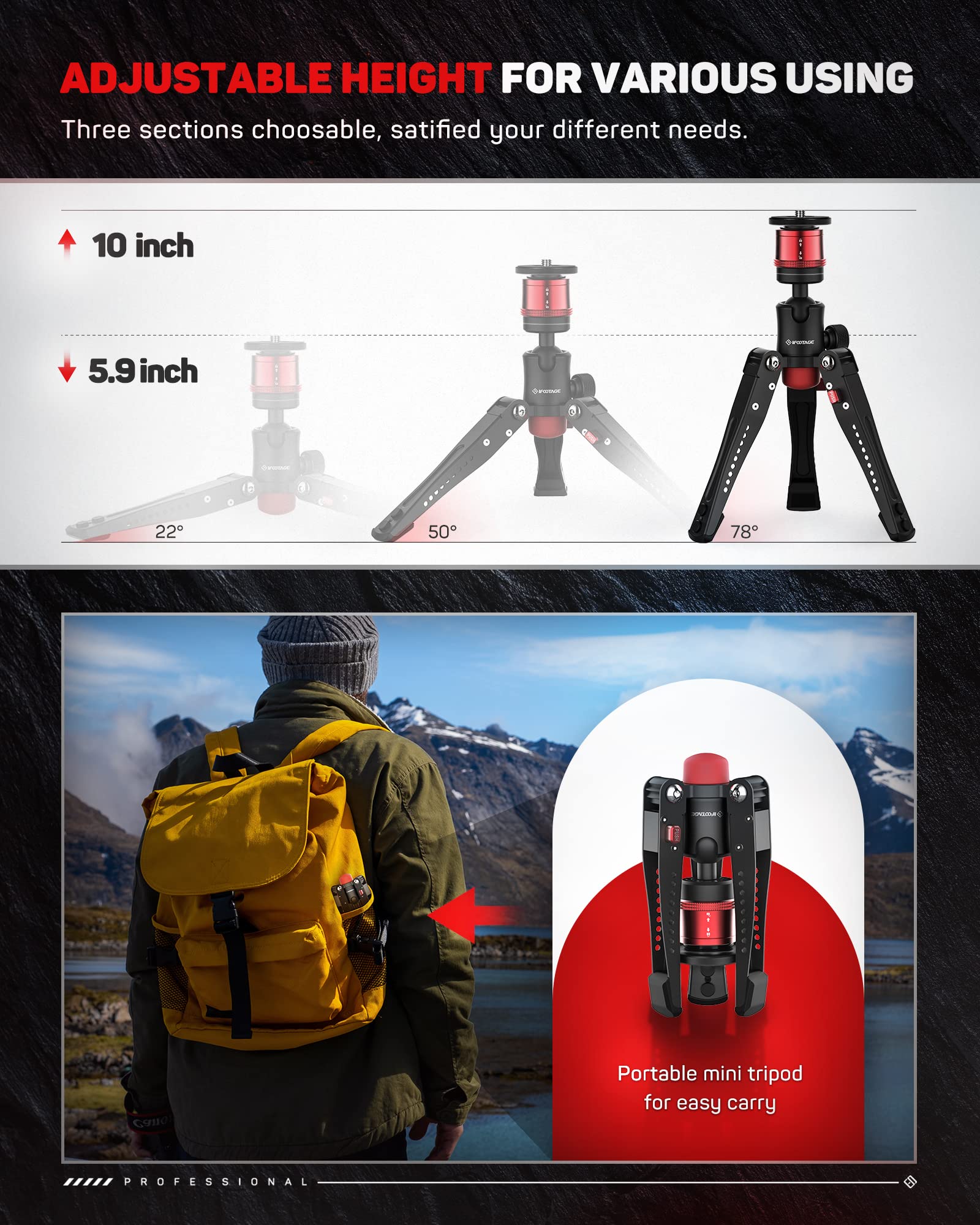 IFOOTAGE Small Tripod - Professional Mini Tripod for Photography, Aluminum, CB3 BASE, Black, Compatible with DSLR Cameras