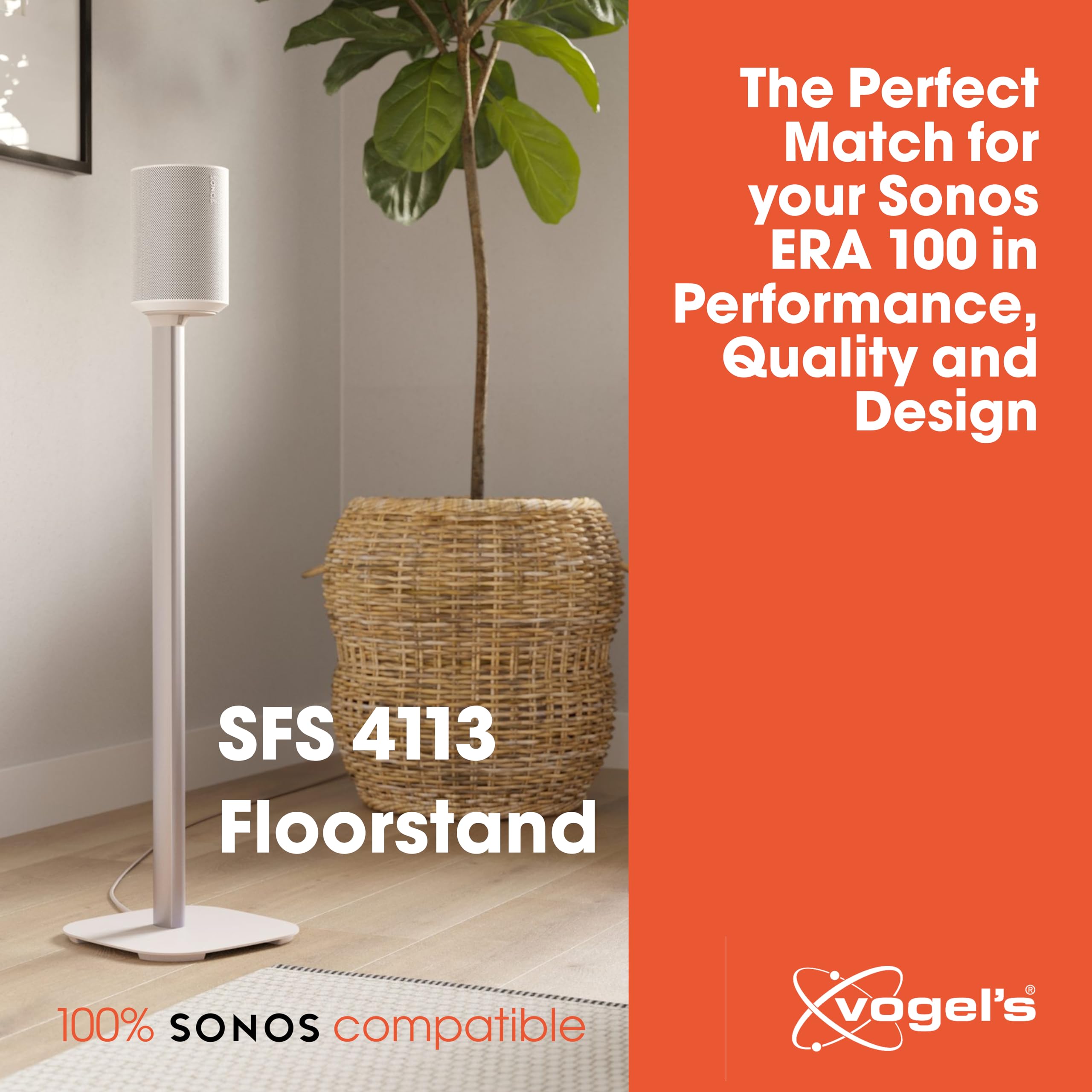 Vogels Sfs 4113 Speaker Floor Stand For Sonos Era 100, Cable Inlay System, Height: 32,3 Inch (82 Cm), Exceptionally Stable, Whi
